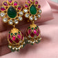 Red Green Jadau Kundan Emerald Beads Jhumki