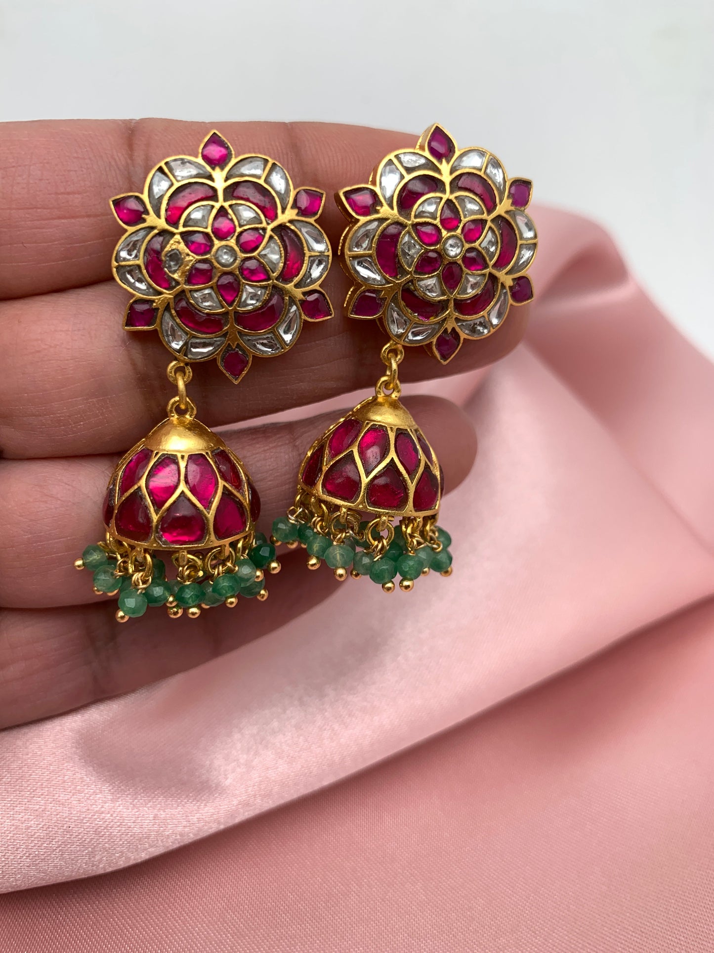 Red Jadau Kundan Green Beads Jhumki