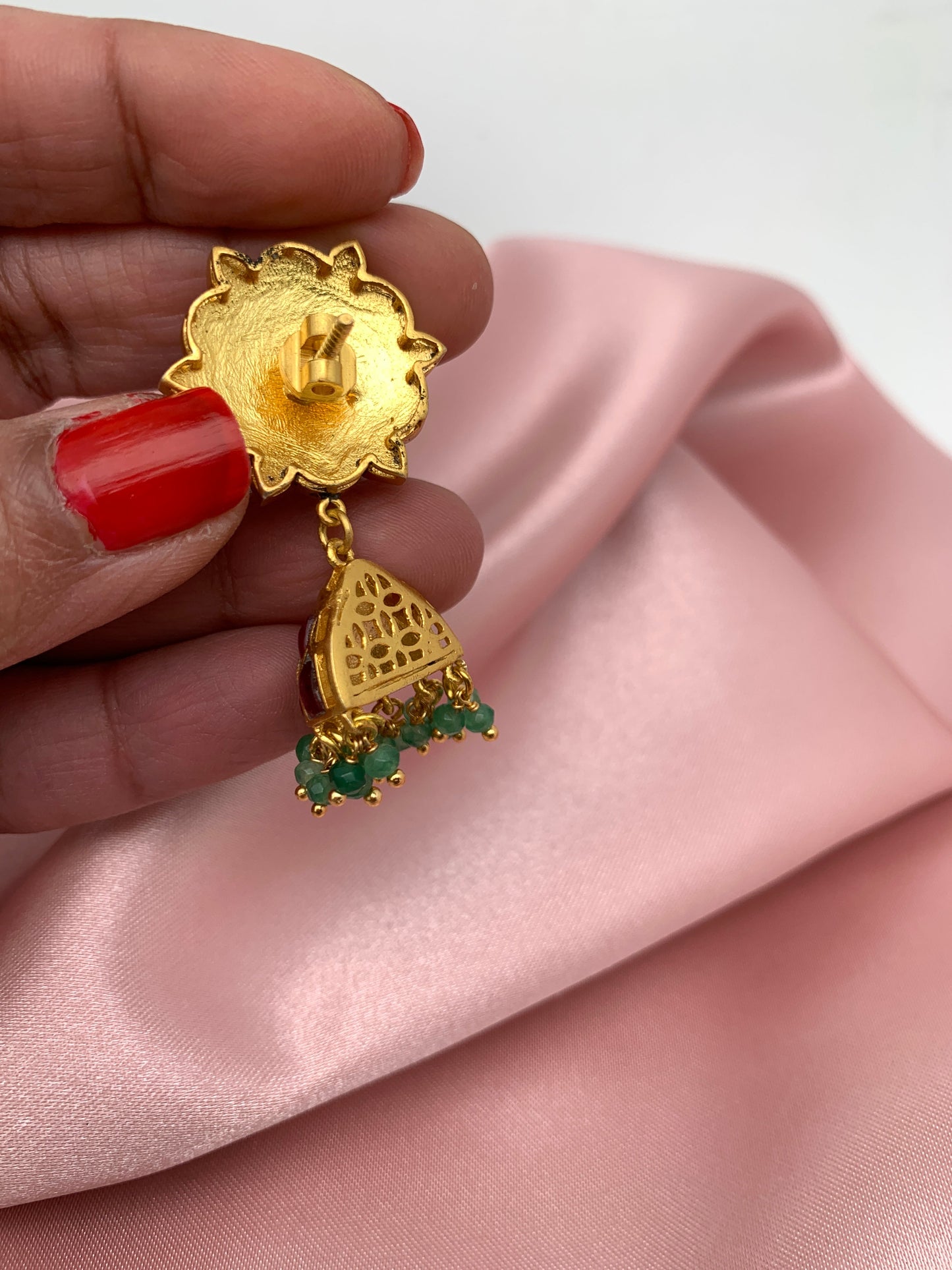 Red Jadau Kundan Green Beads Jhumki