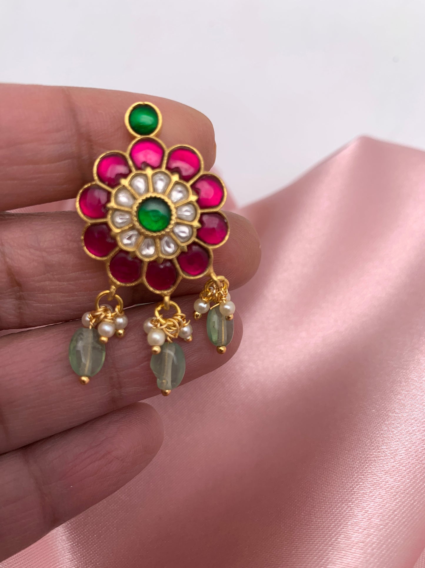 Red Green Jadau Kundan Emerald Beads Studs