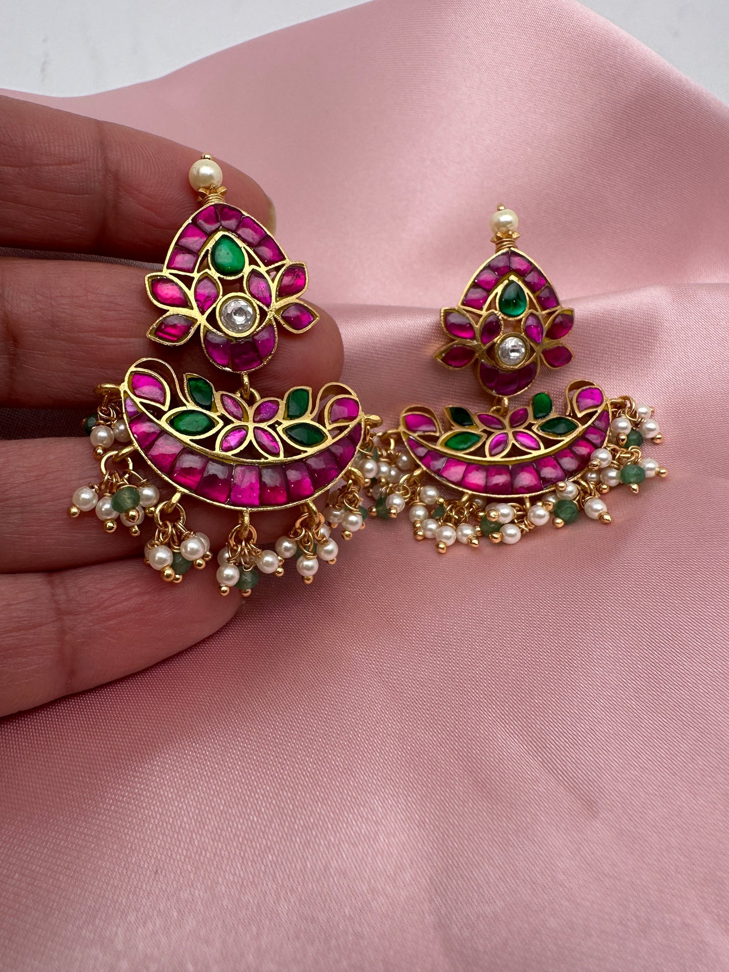 Pink Green Jadau Kundan Earrings