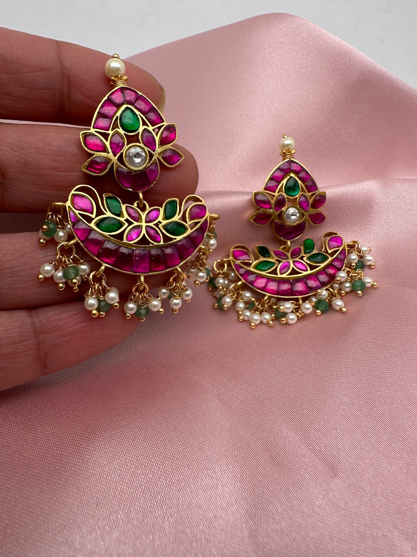 Pink Green Jadau Kundan Earrings