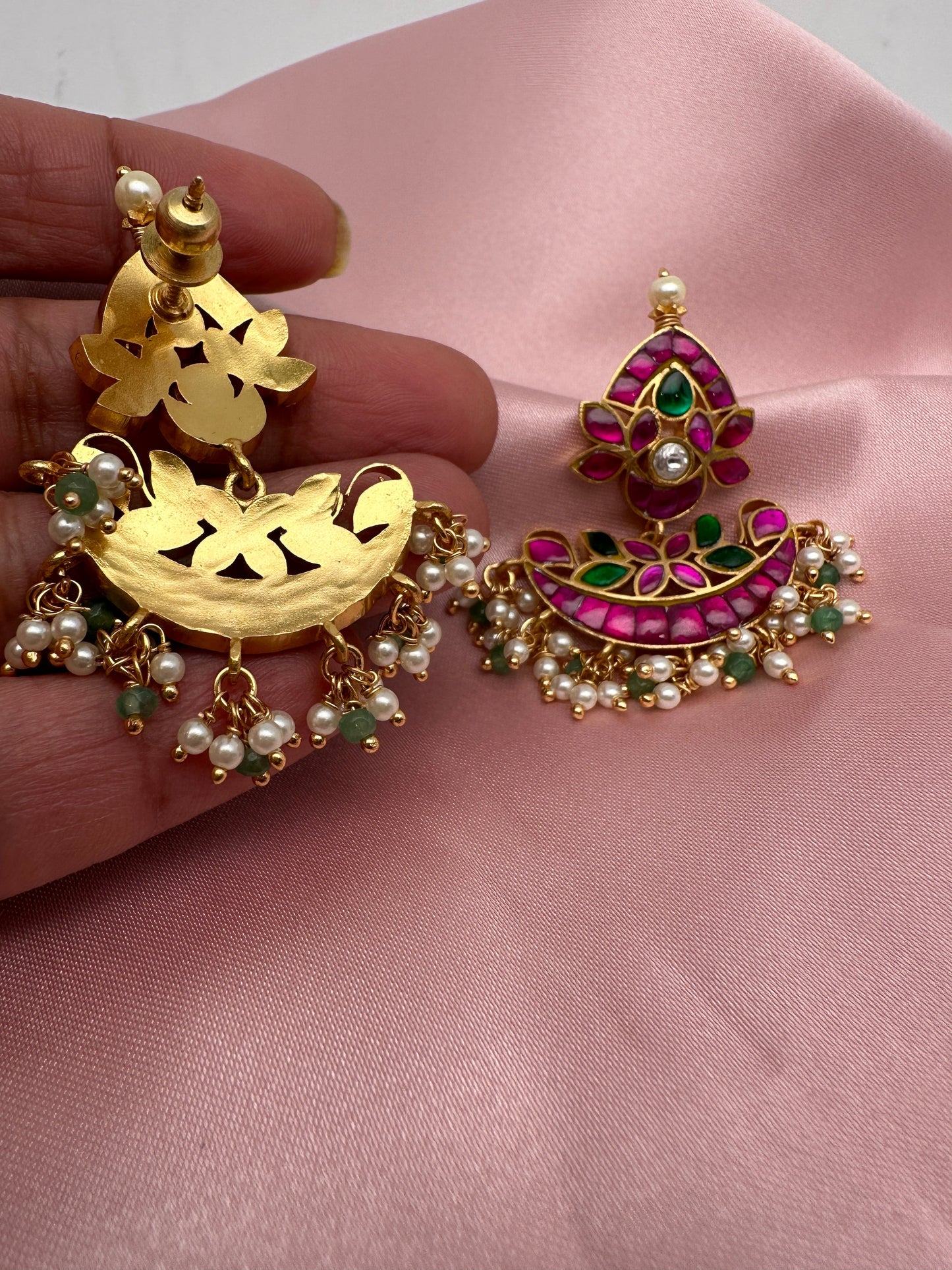 Pink Green Jadau Kundan Earrings