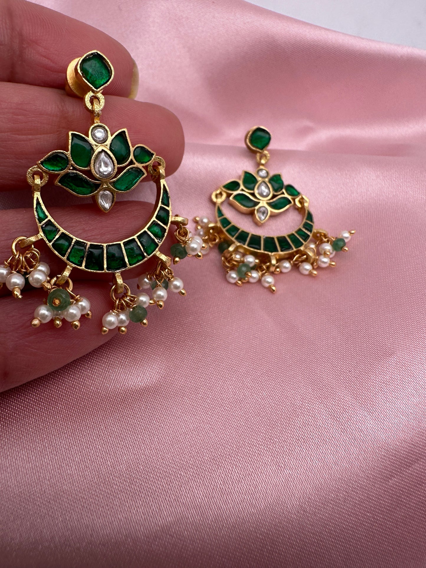 Green Jadau Kundan Lotus Design Earrings