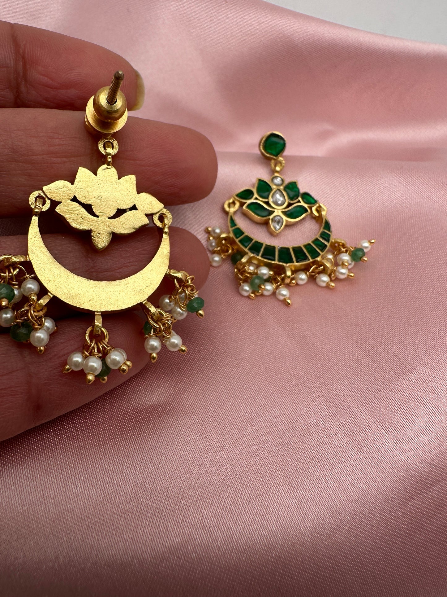 Green Jadau Kundan Lotus Design Earrings