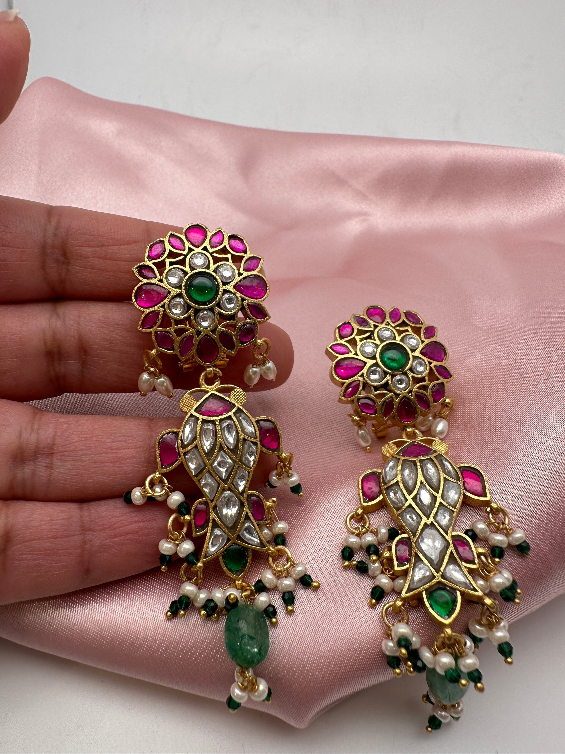 Red Green Jadau Kundan Fish Design Earrings – Sheetal's FabFashion