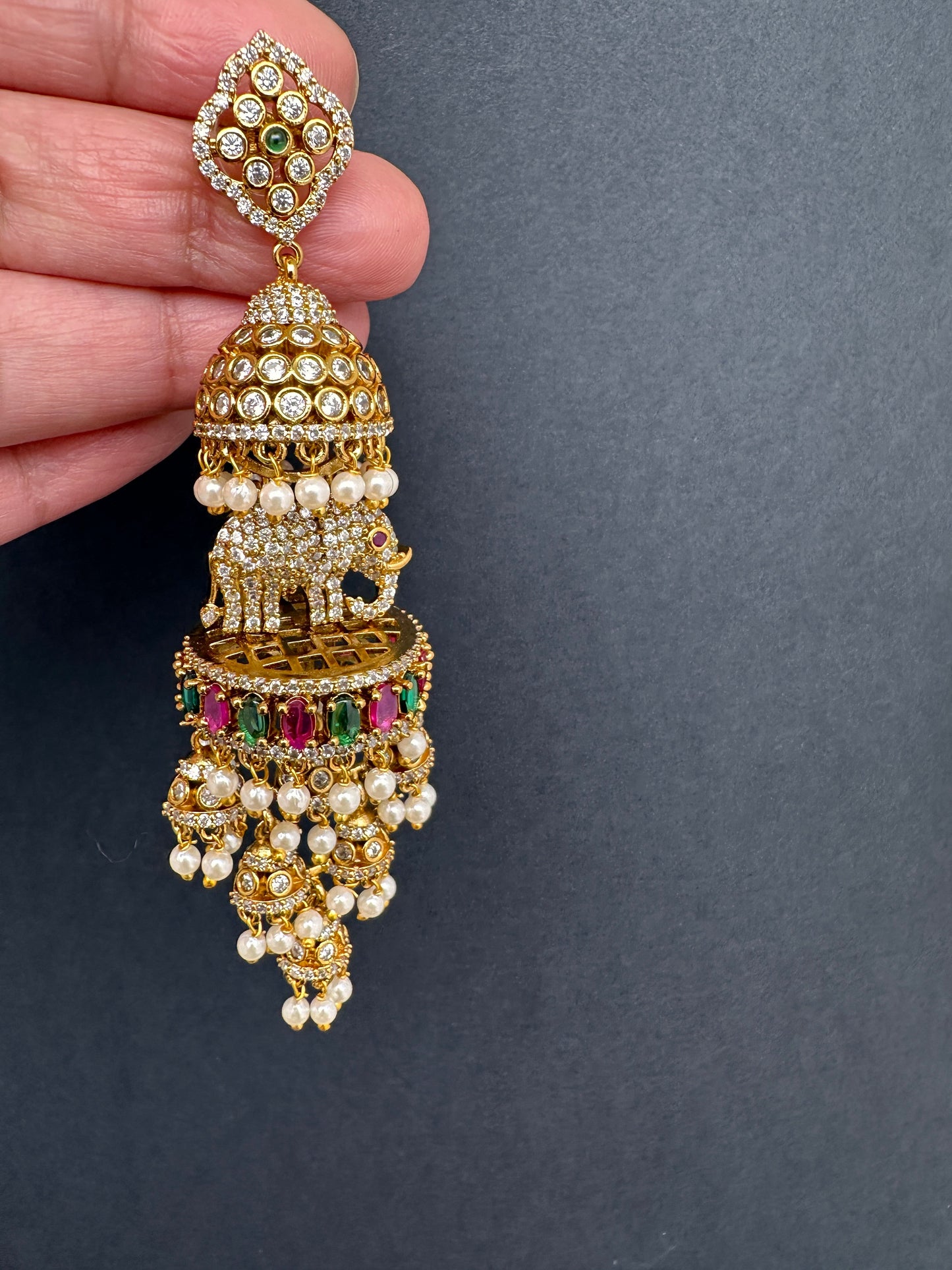Matte CZ Elephant Multi Layer Long Jhumka Earrings