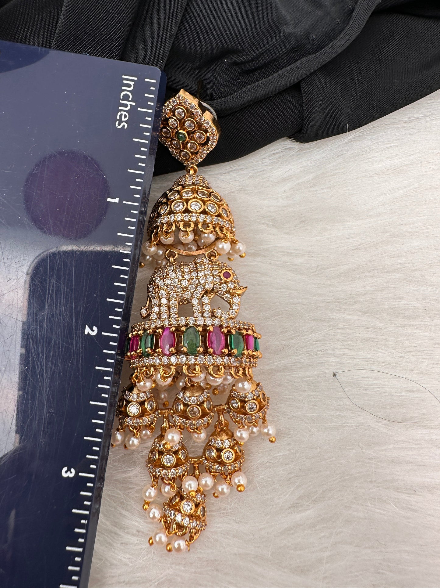 Matte CZ Elephant Multi Layer Long Jhumka Earrings