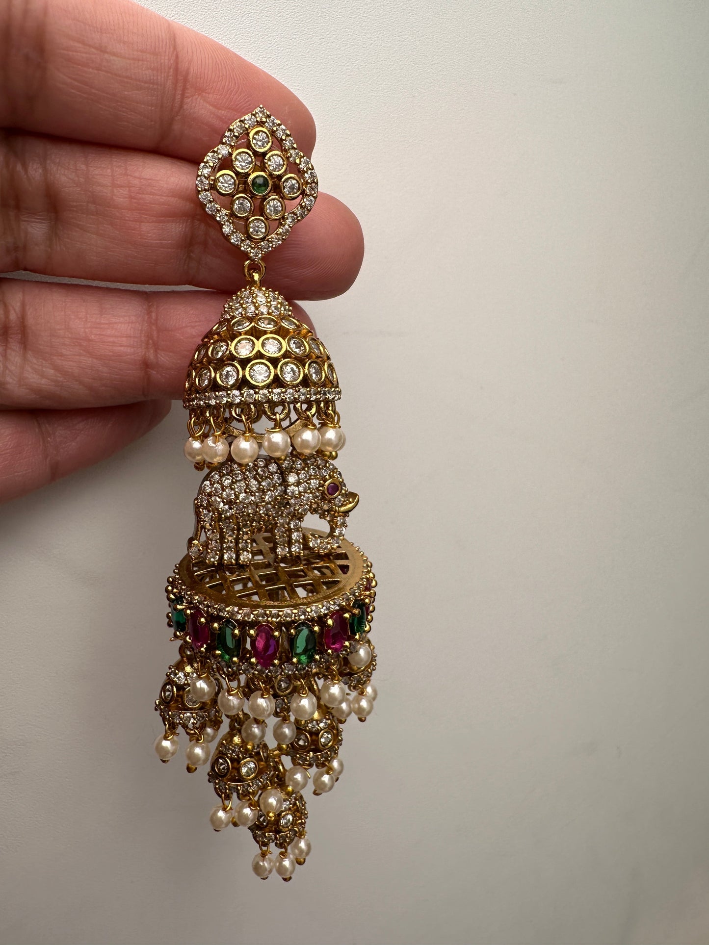 Matte CZ Elephant Multi Layer Long Jhumka Earrings