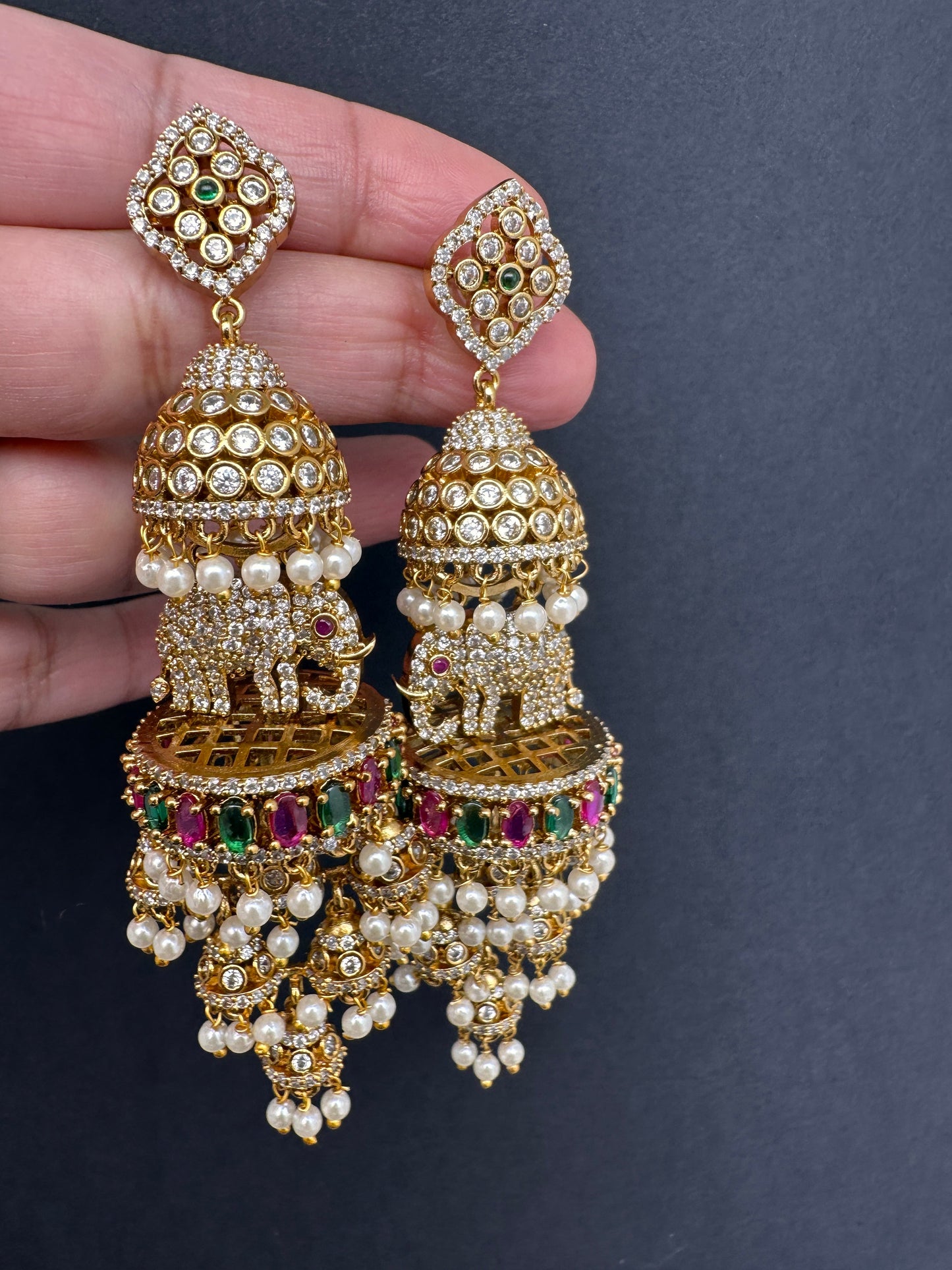 Matte CZ Elephant Multi Layer Long Jhumka Earrings