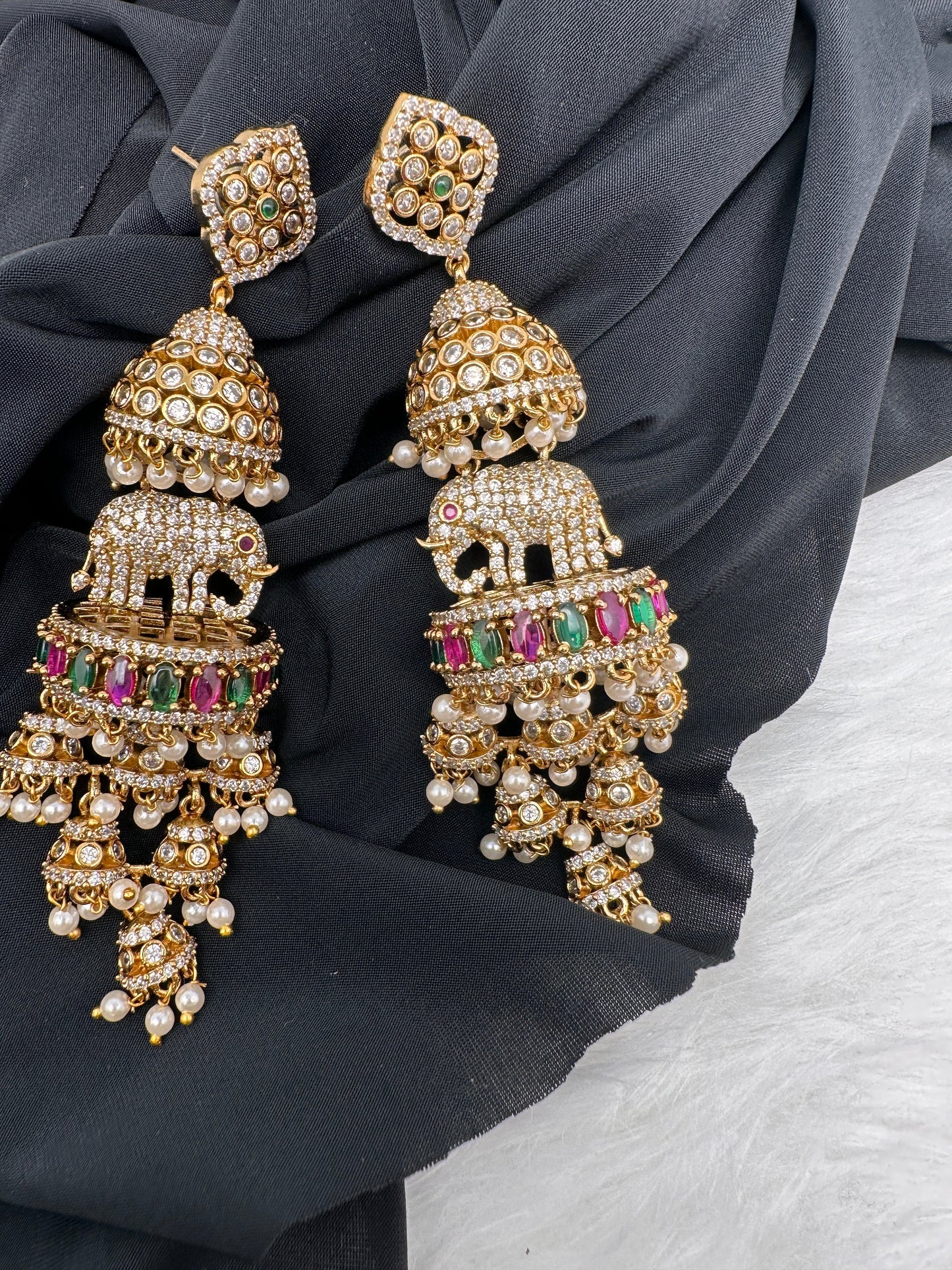 Matte CZ Elephant Multi Layer Long Jhumka Earrings