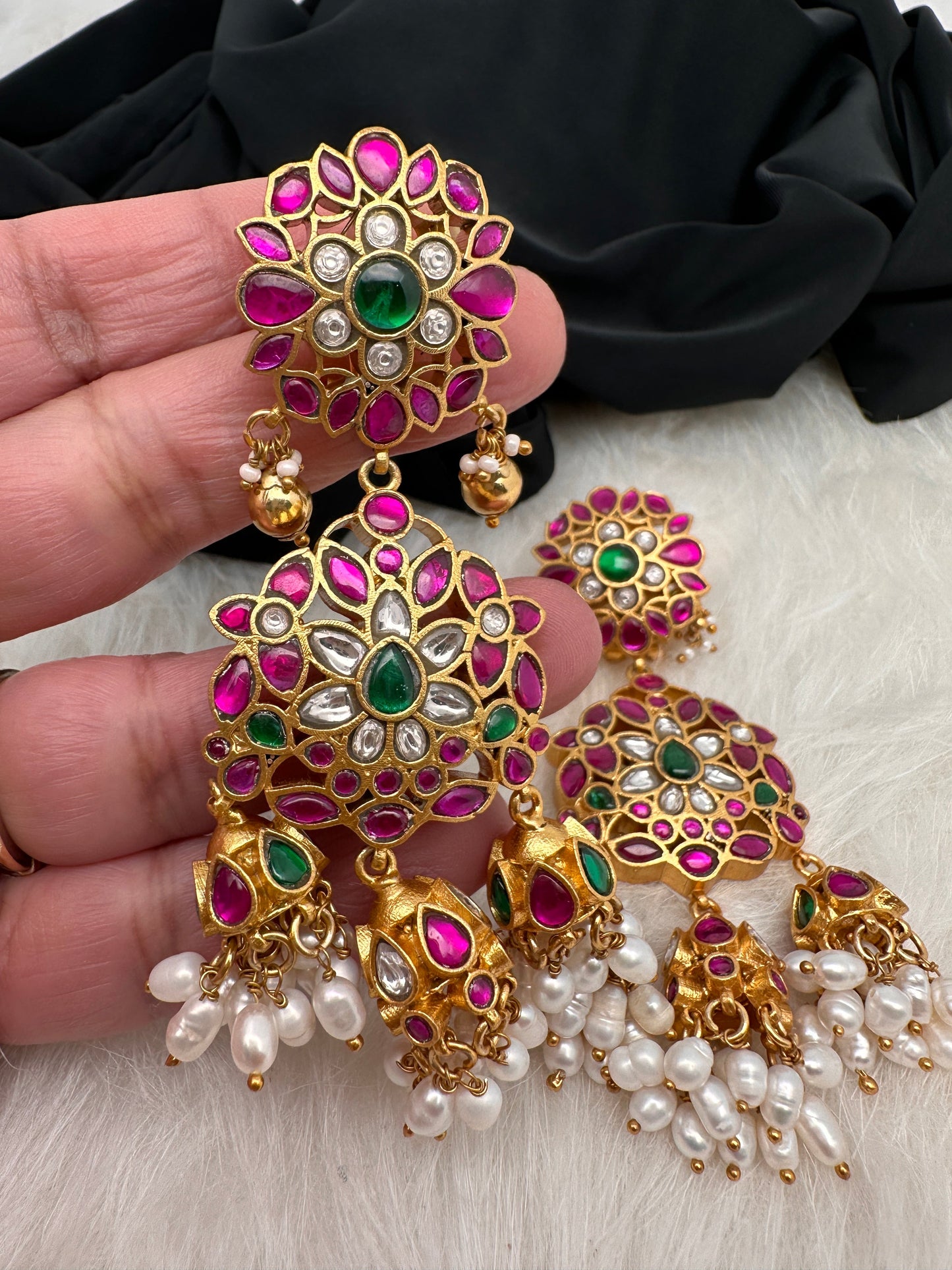 Red Green Rice Pearls Jadau Kundan  Earrings