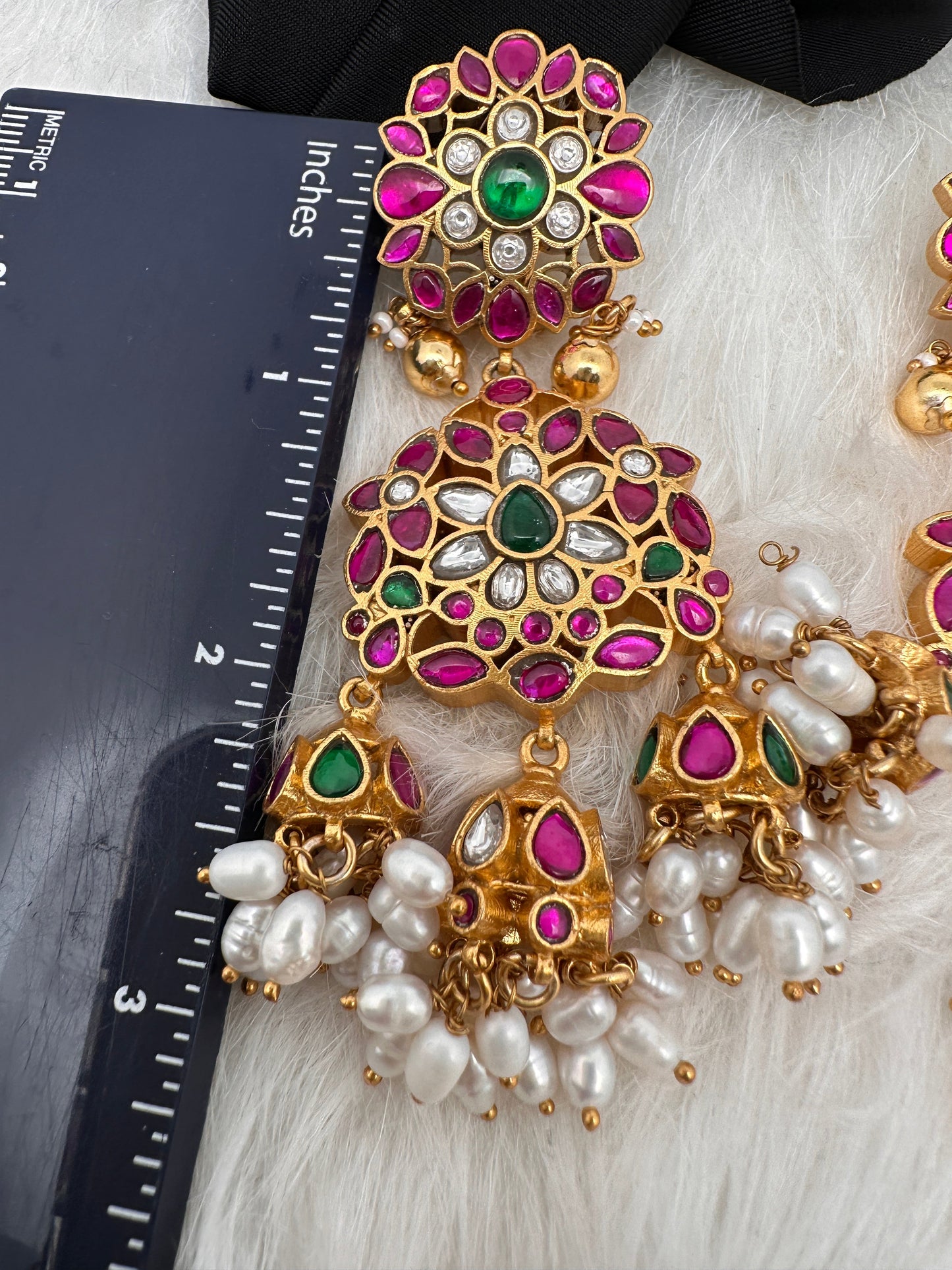 Red Green Rice Pearls Jadau Kundan  Earrings