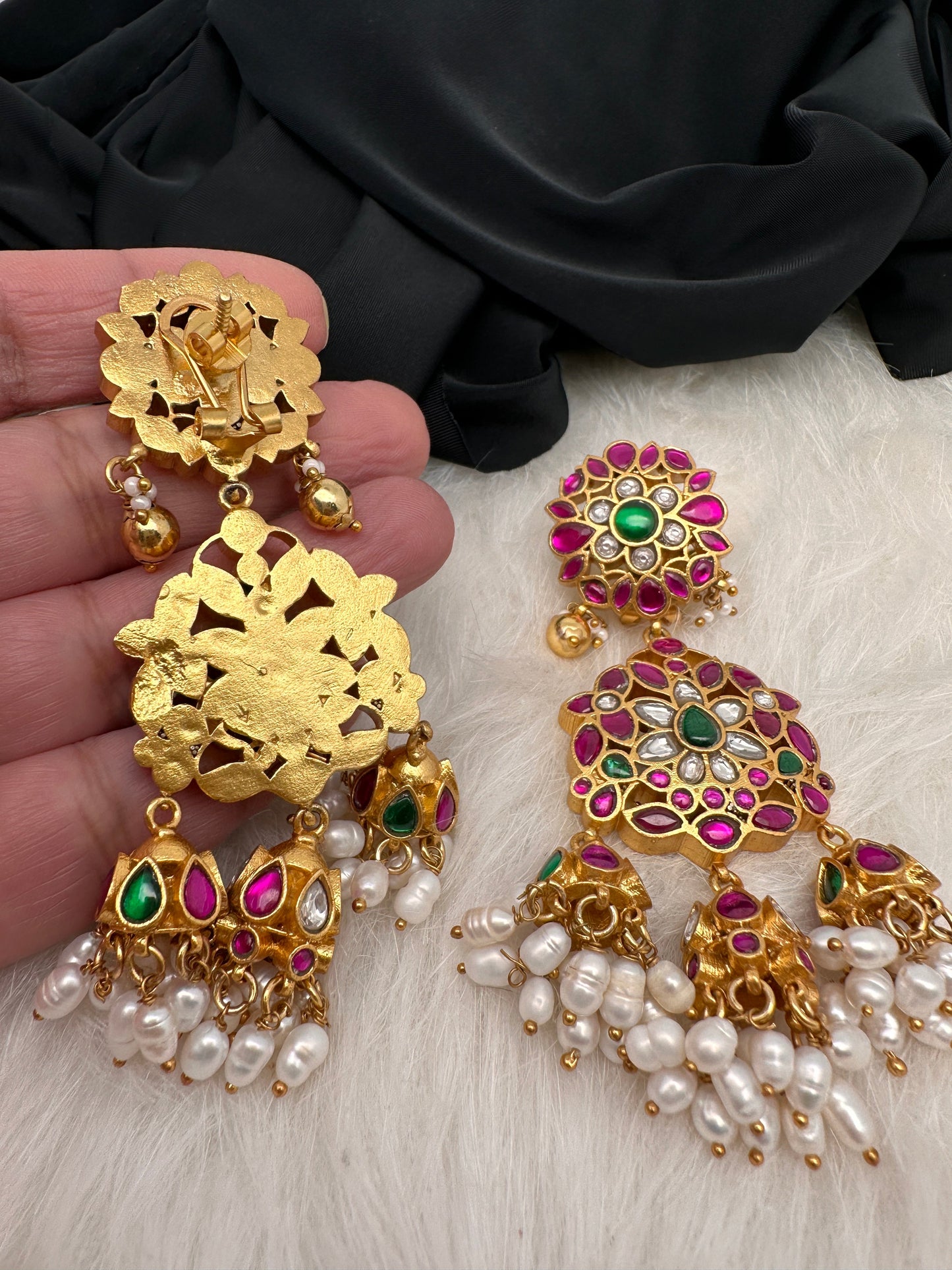 Red Green Rice Pearls Jadau Kundan  Earrings