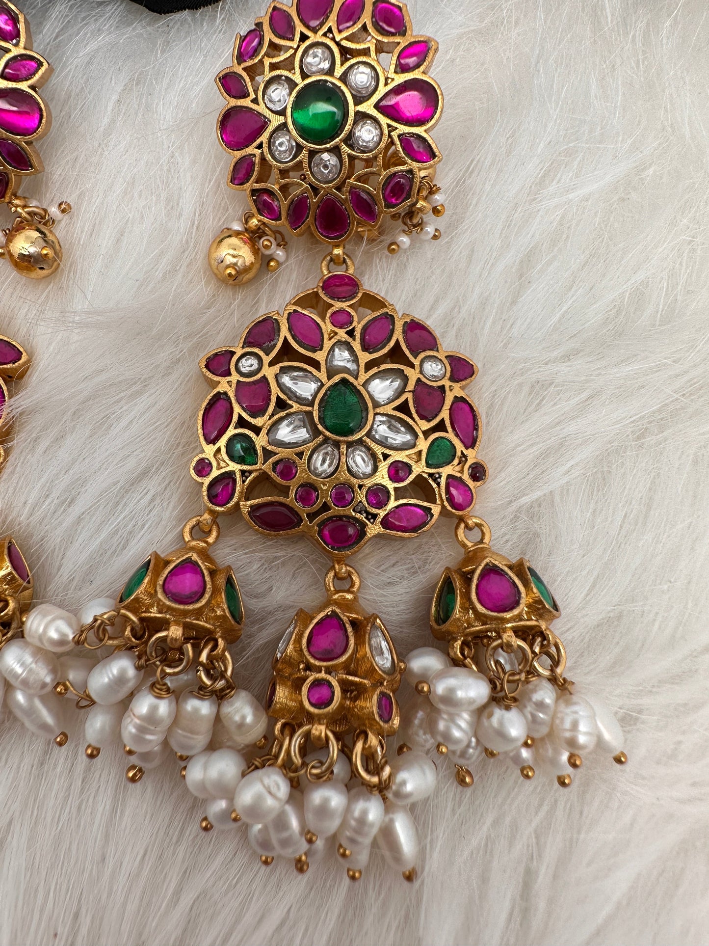 Red Green Rice Pearls Jadau Kundan  Earrings