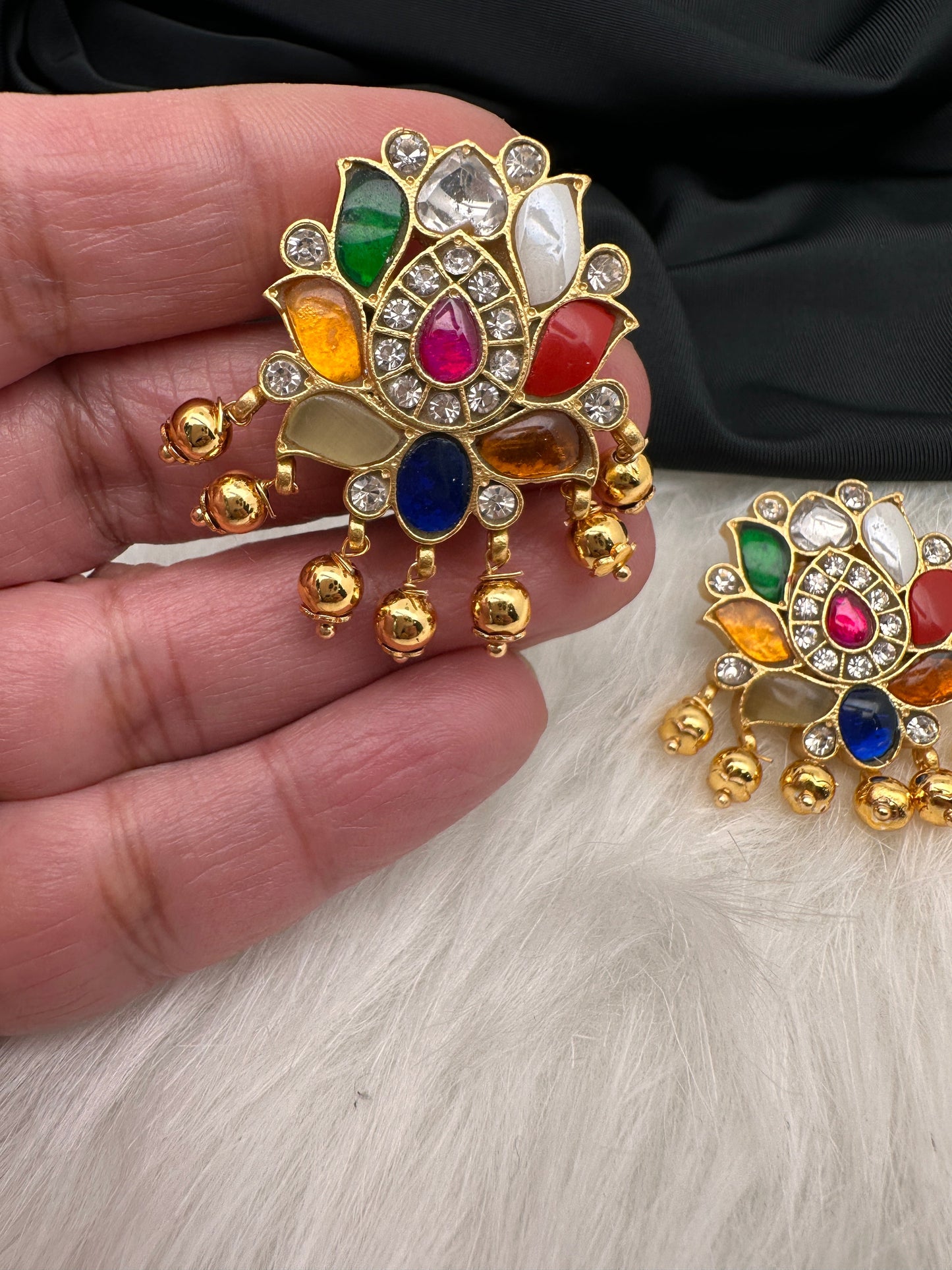 Nauratan Lotus Jadau Kundan Earrings