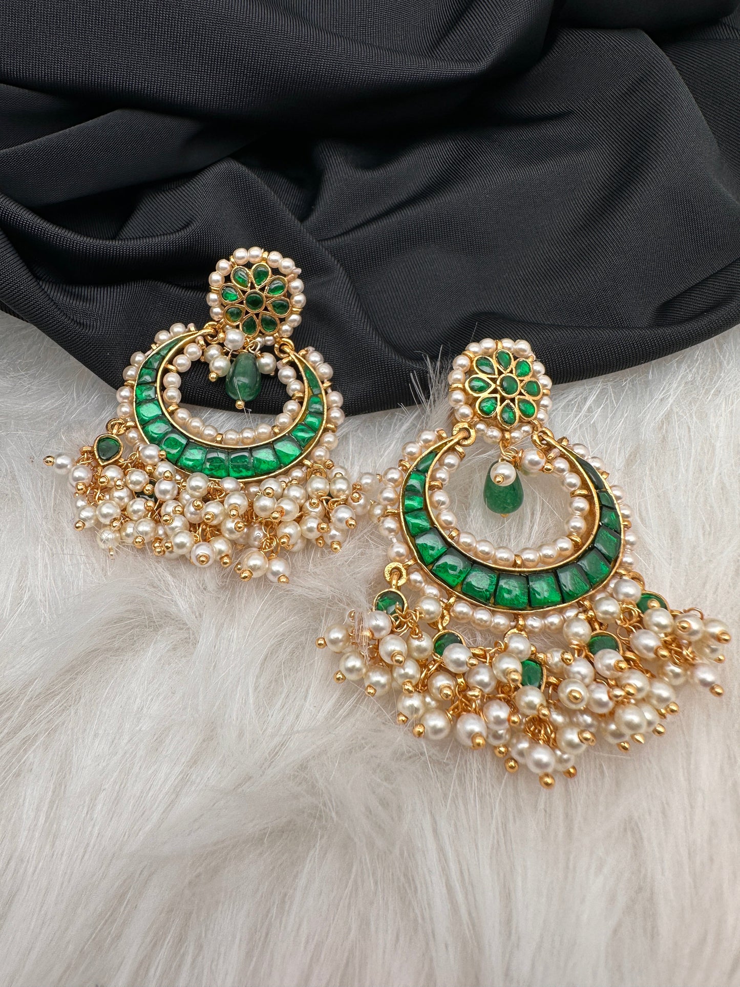 Green Jadau Kundan Pearls Chandballi Earrings