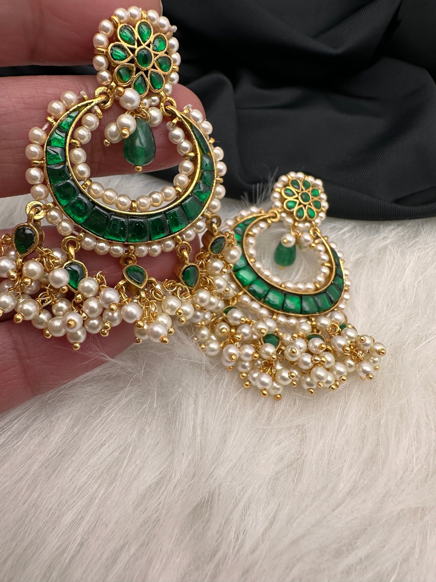 Green Jadau Kundan Pearls Chandballi Earrings