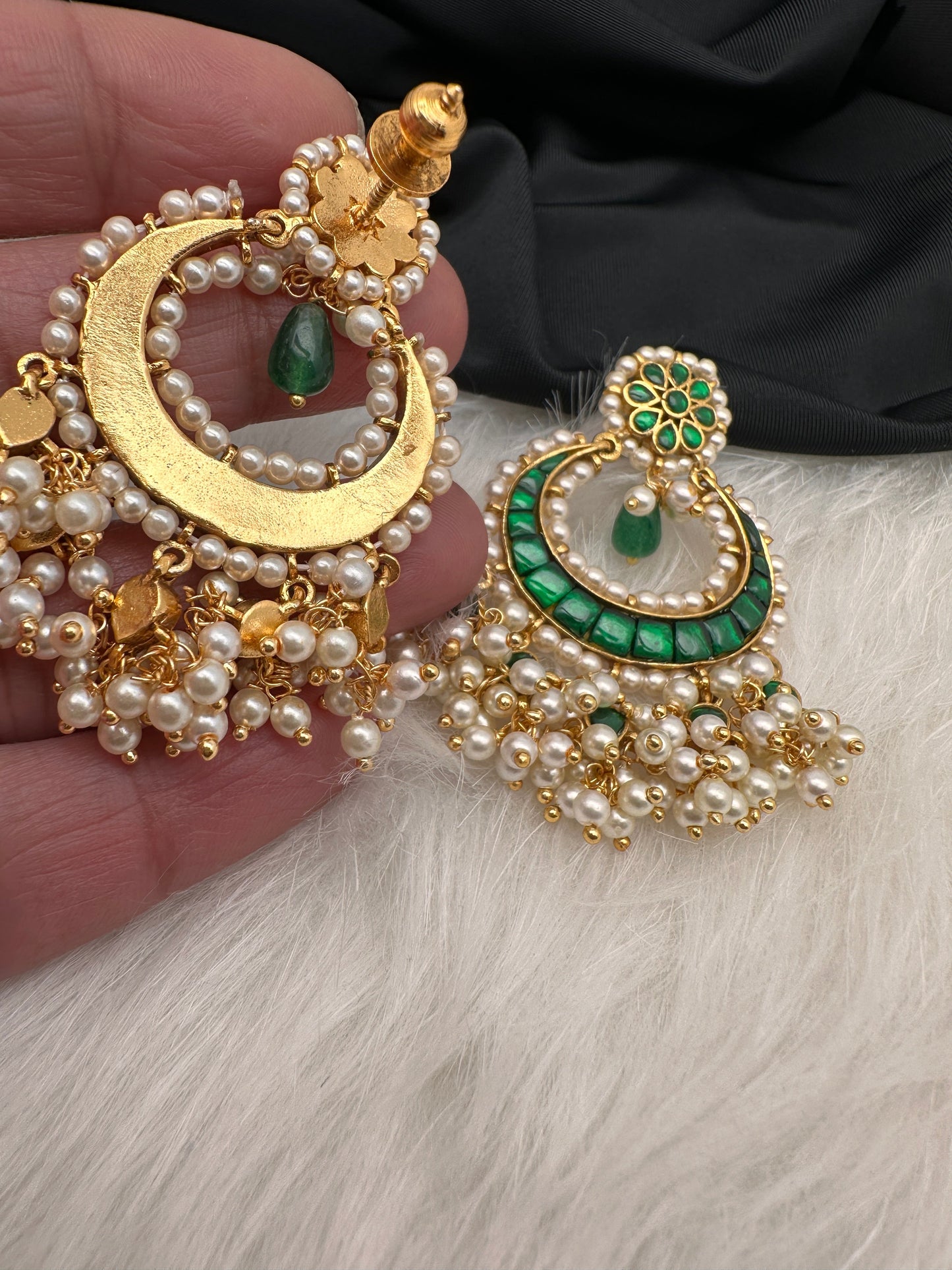 Green Jadau Kundan Pearls Chandballi Earrings