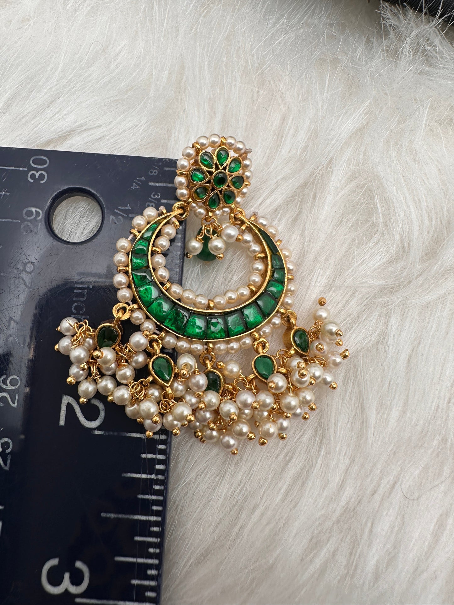 Green Jadau Kundan Pearls Chandballi Earrings