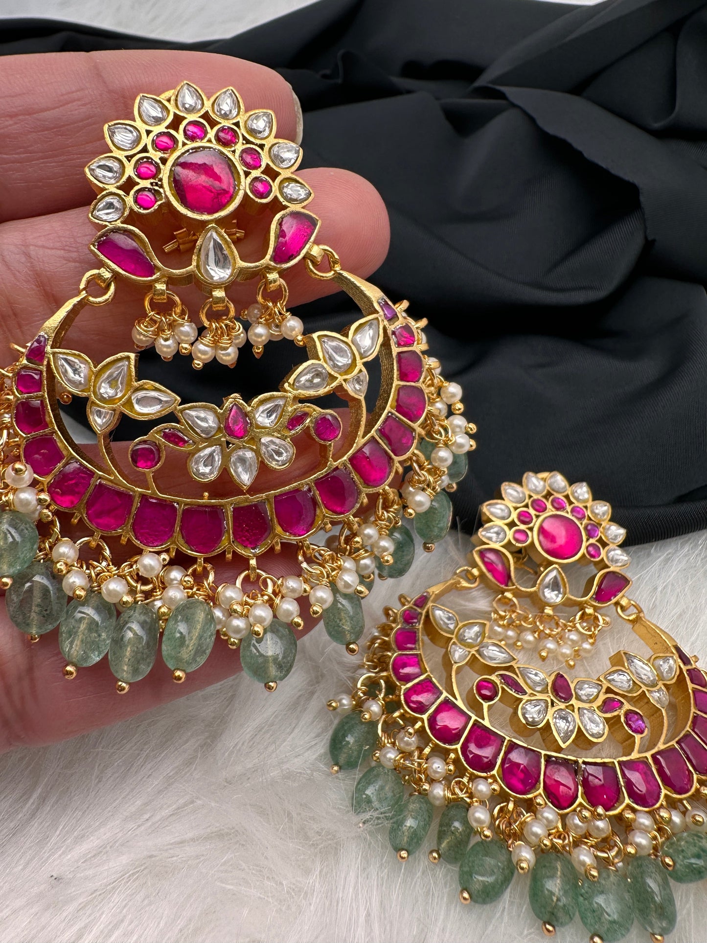Red Green Jadau Kundan Pearls Chandballi Earrings