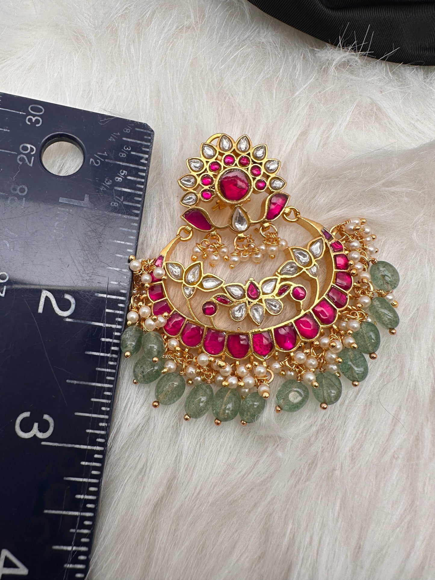 Red Green Jadau Kundan Pearls Chandballi Earrings