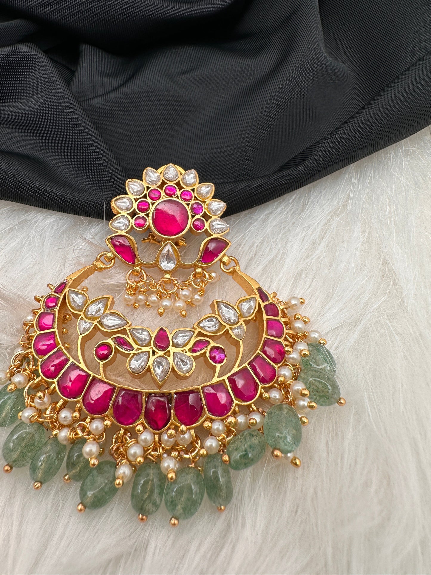 Red Green Jadau Kundan Pearls Chandballi Earrings