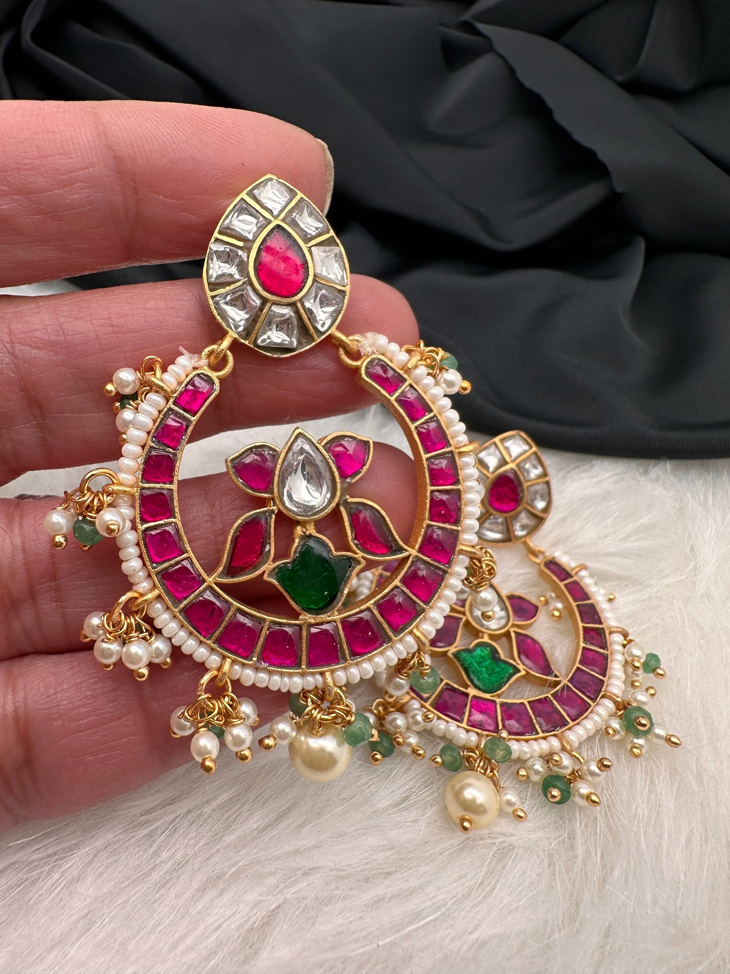Red Green Jadau Kundan Chandbali Earrings