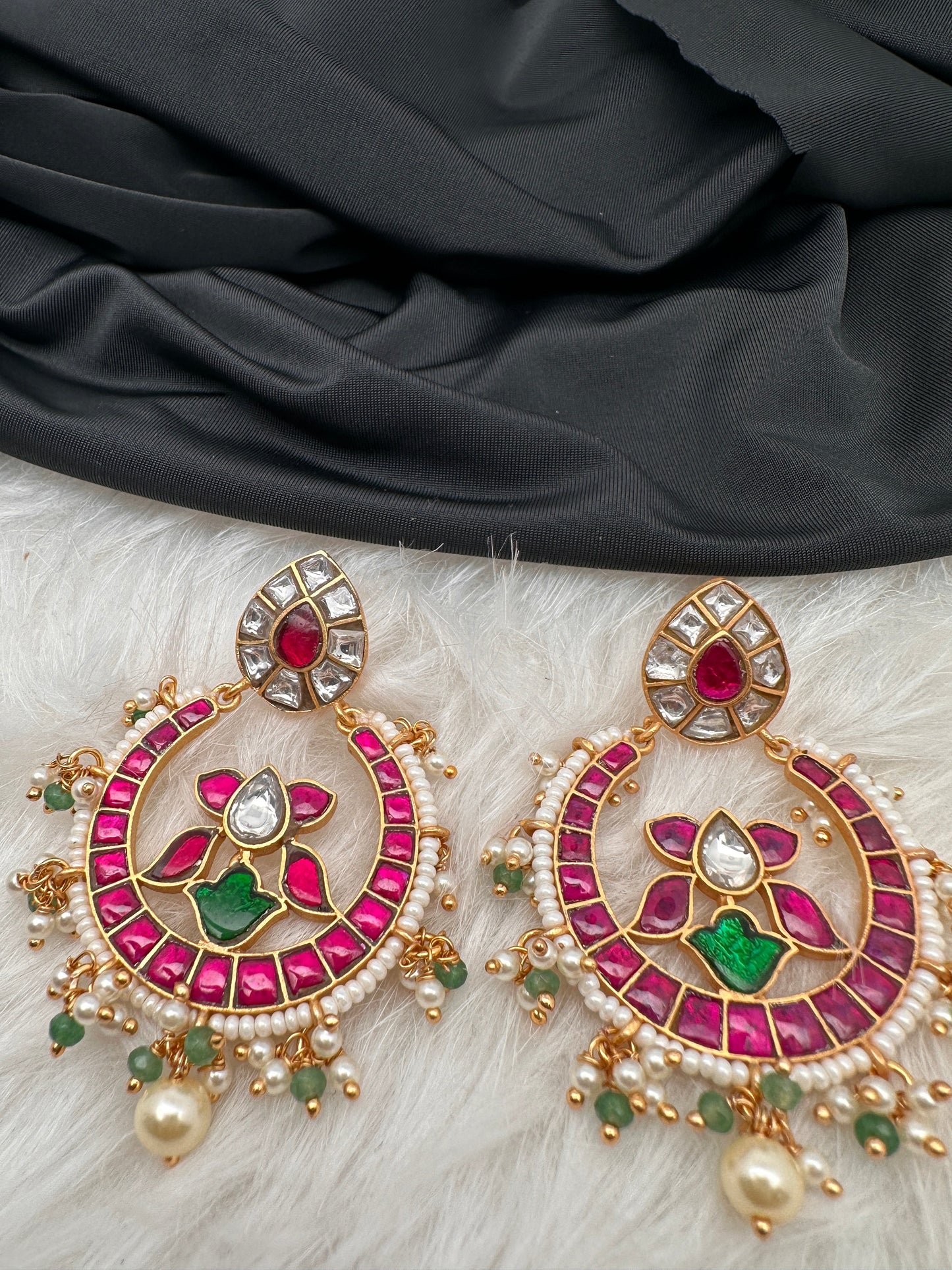Red Green Jadau Kundan Chandbali Earrings