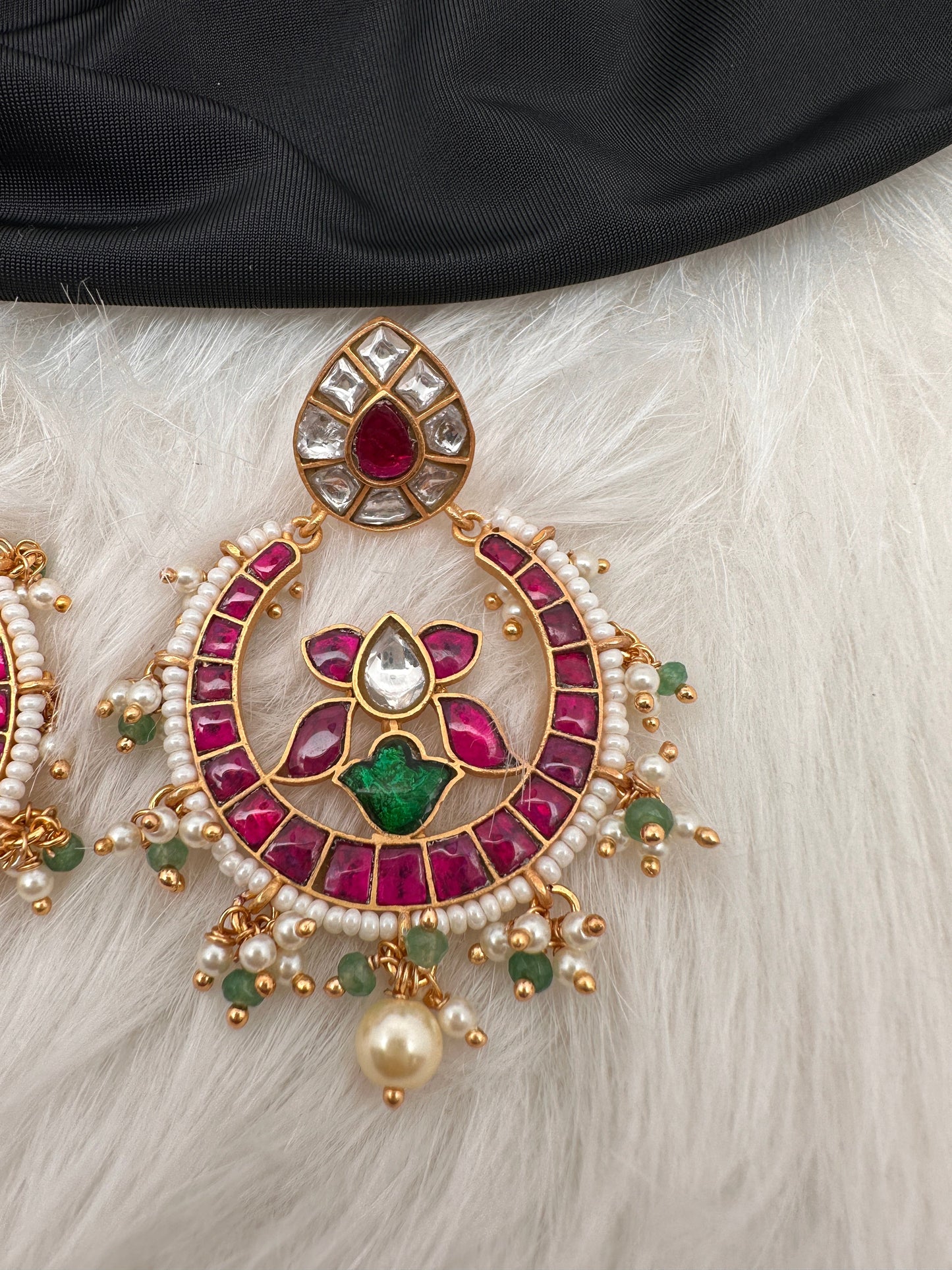 Red Green Jadau Kundan Chandbali Earrings