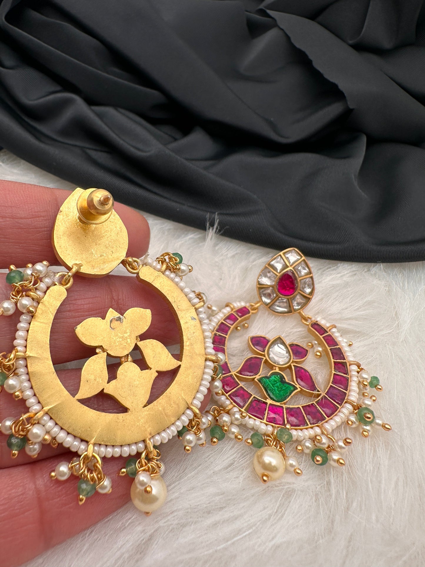 Red Green Jadau Kundan Chandbali Earrings