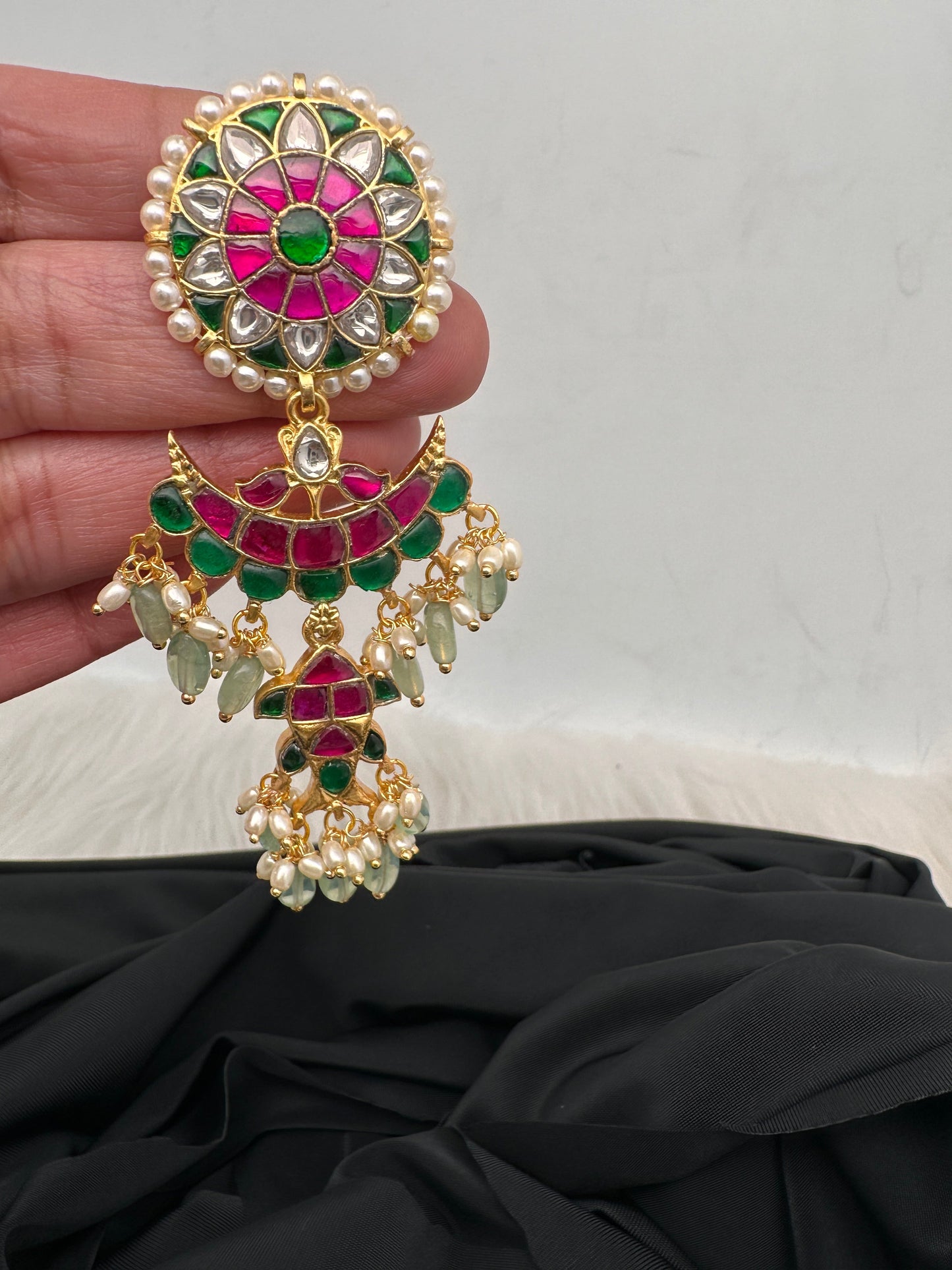 Red Green Jadau Kundan Long Earrings