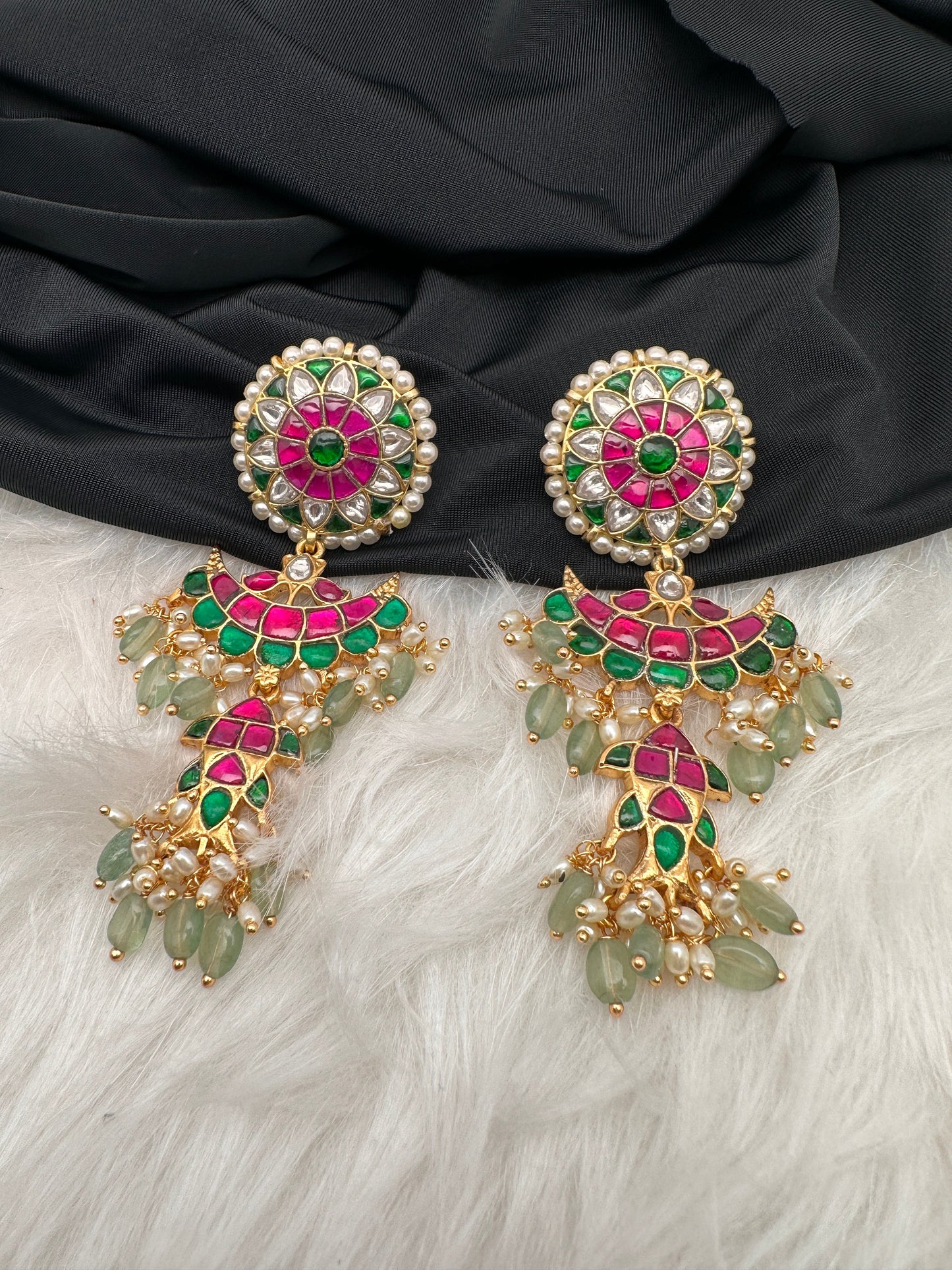 Red Green Jadau Kundan Long Earrings