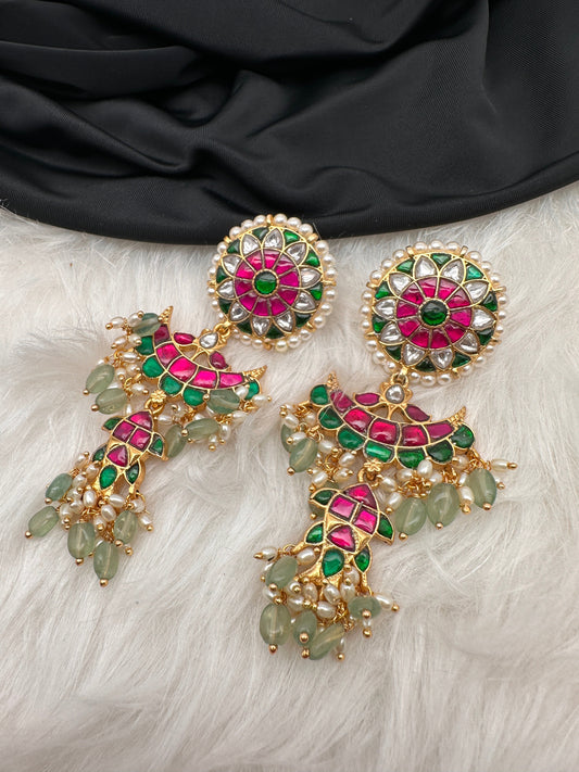 Red Green Jadau Kundan Long Earrings