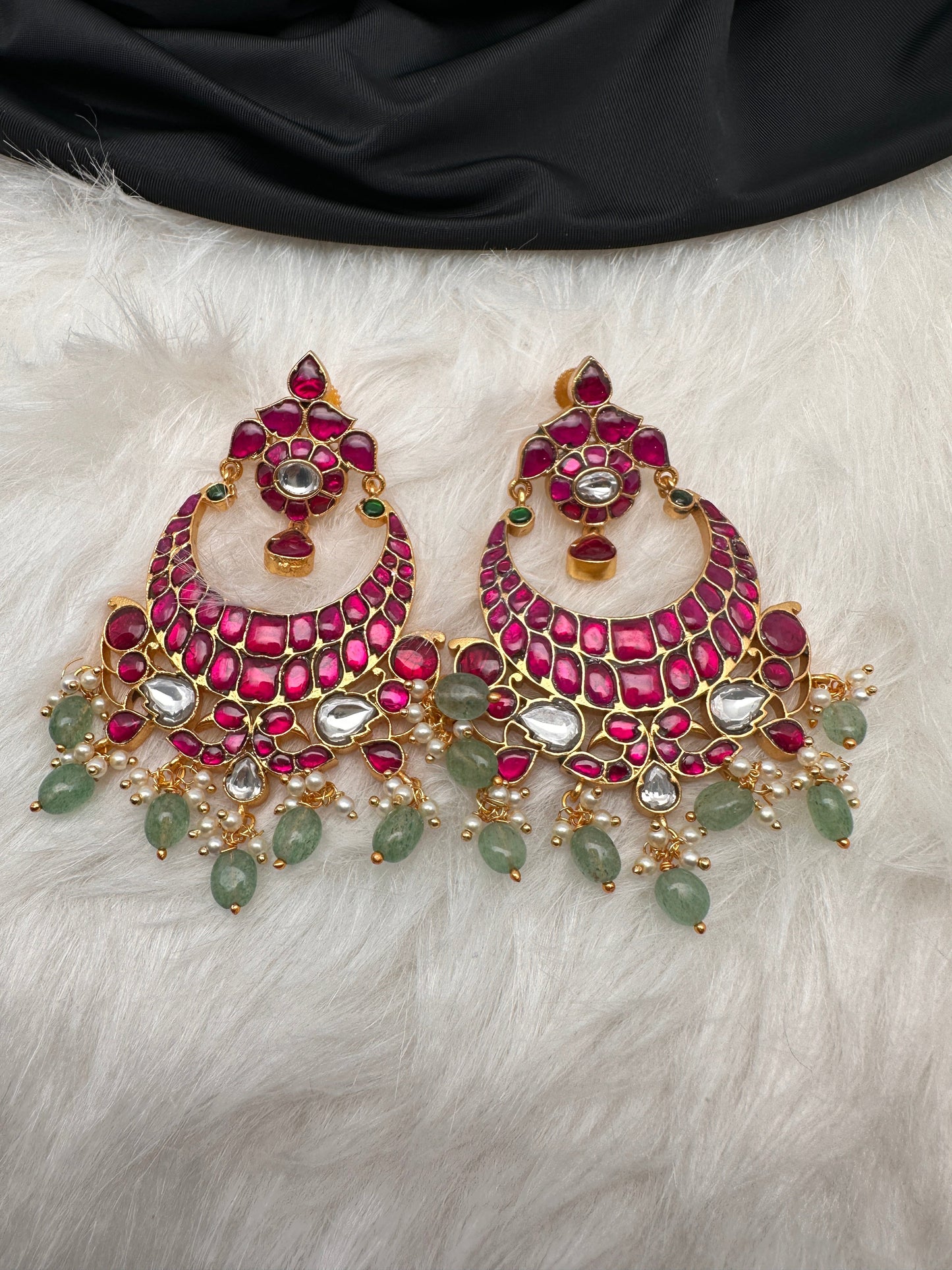 Pink Green Jadau Kundan Chandballi Earrings