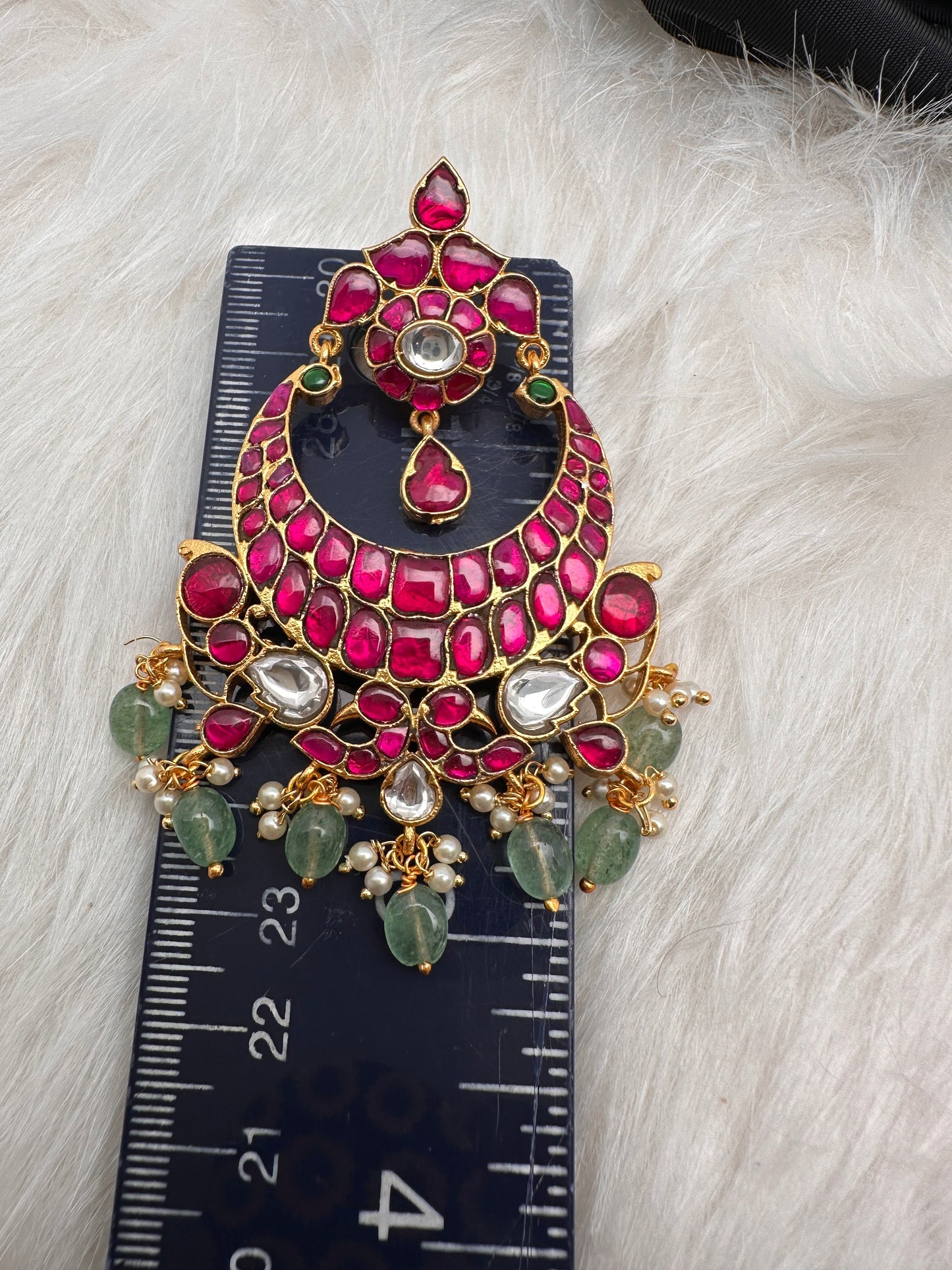 Pink Green Jadau Kundan Chandballi Earrings