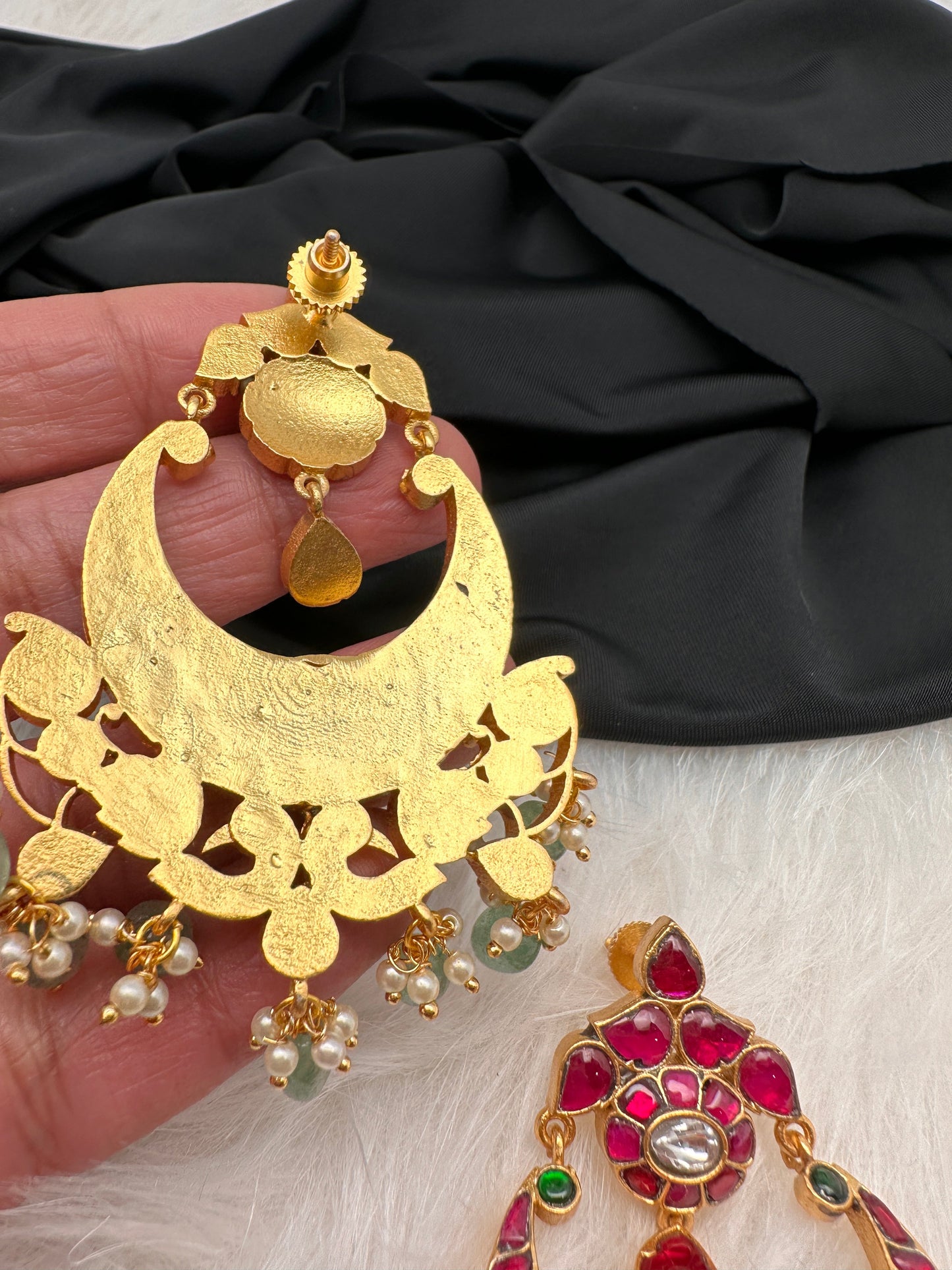Pink Green Jadau Kundan Chandballi Earrings