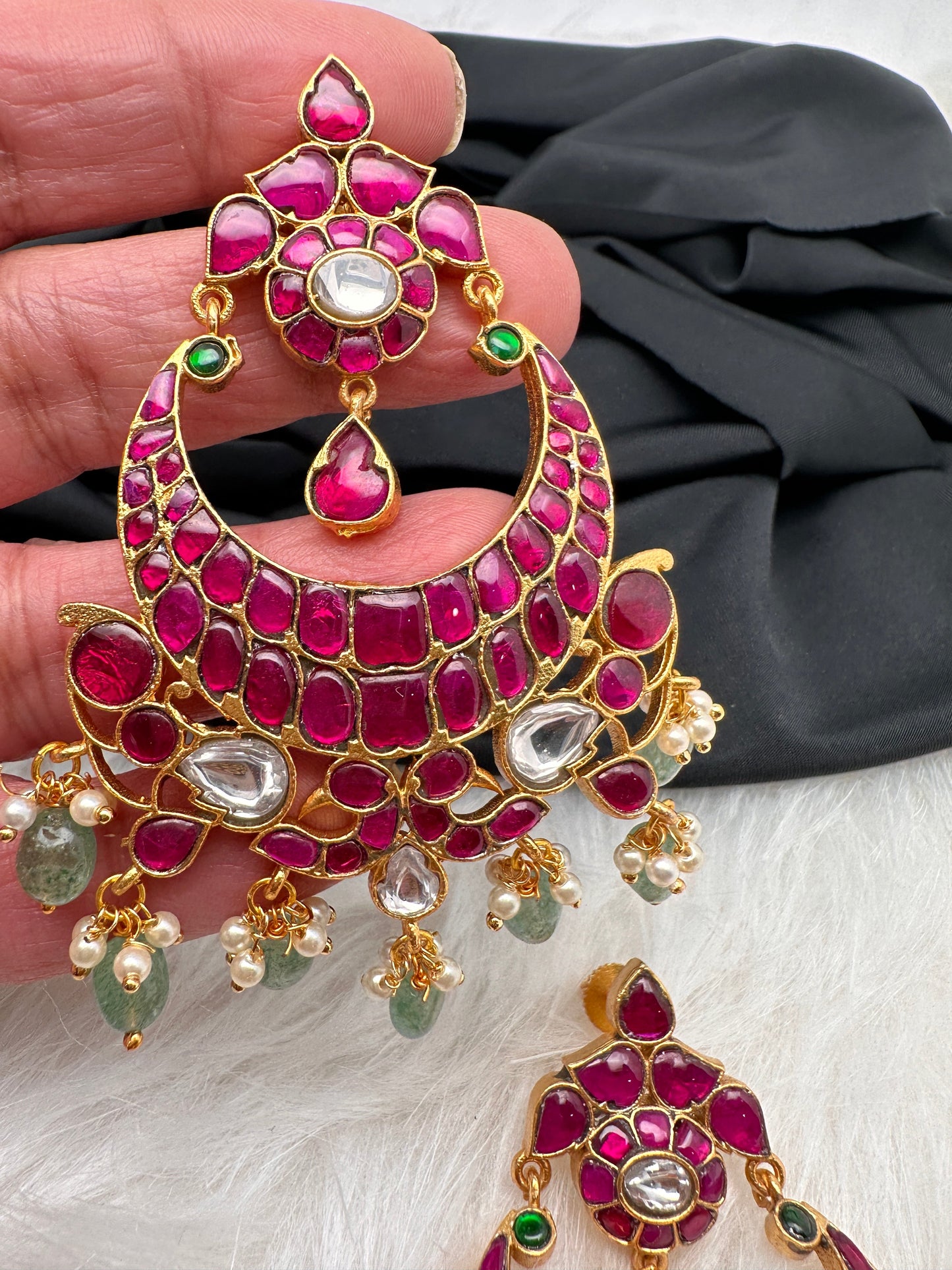 Pink Green Jadau Kundan Chandballi Earrings