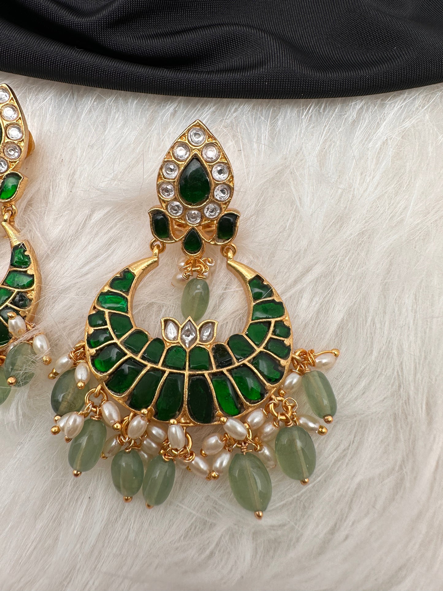 Green Jadau Kundan Chandballi Earrings