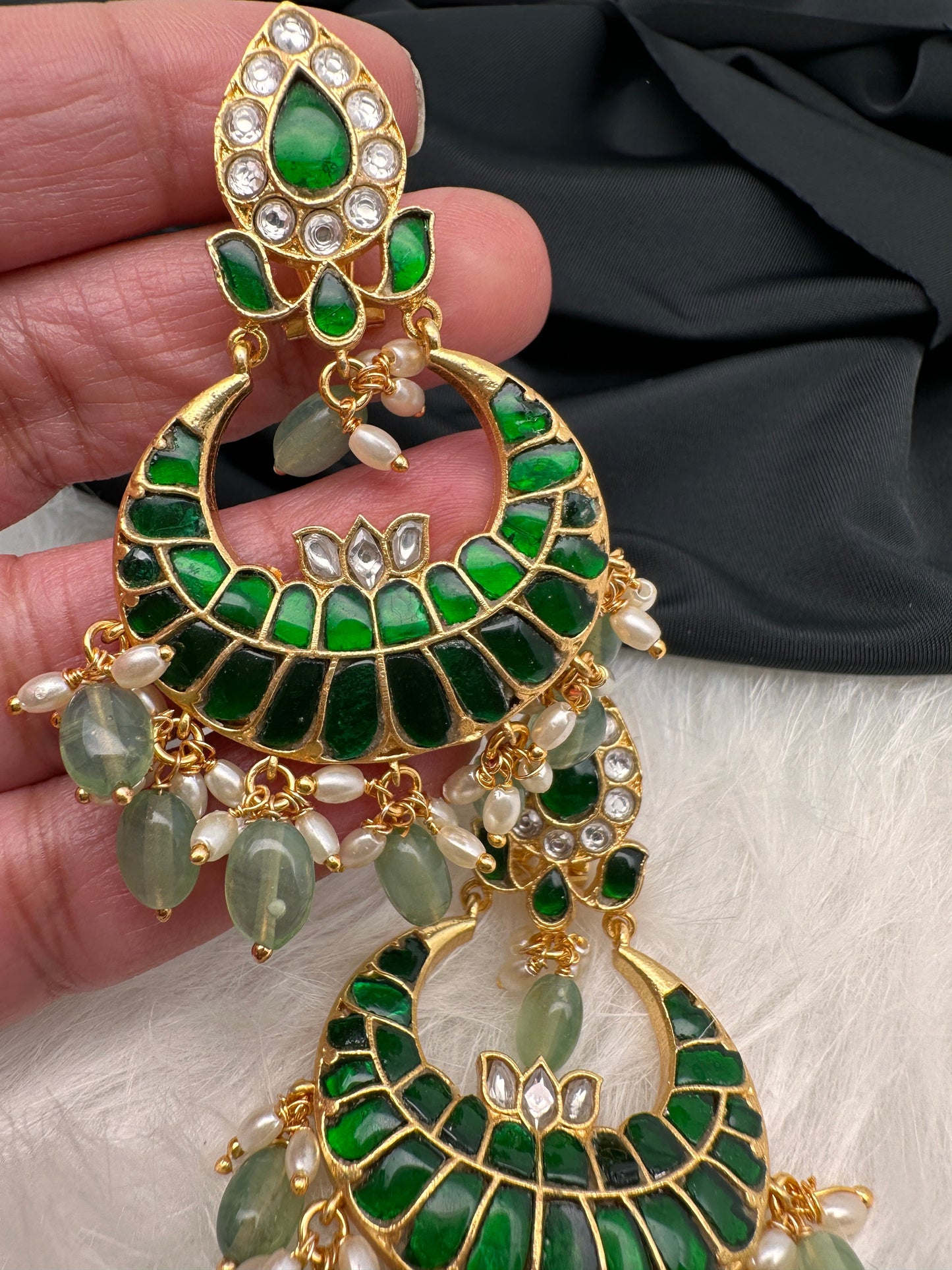 Green Jadau Kundan Chandballi Earrings