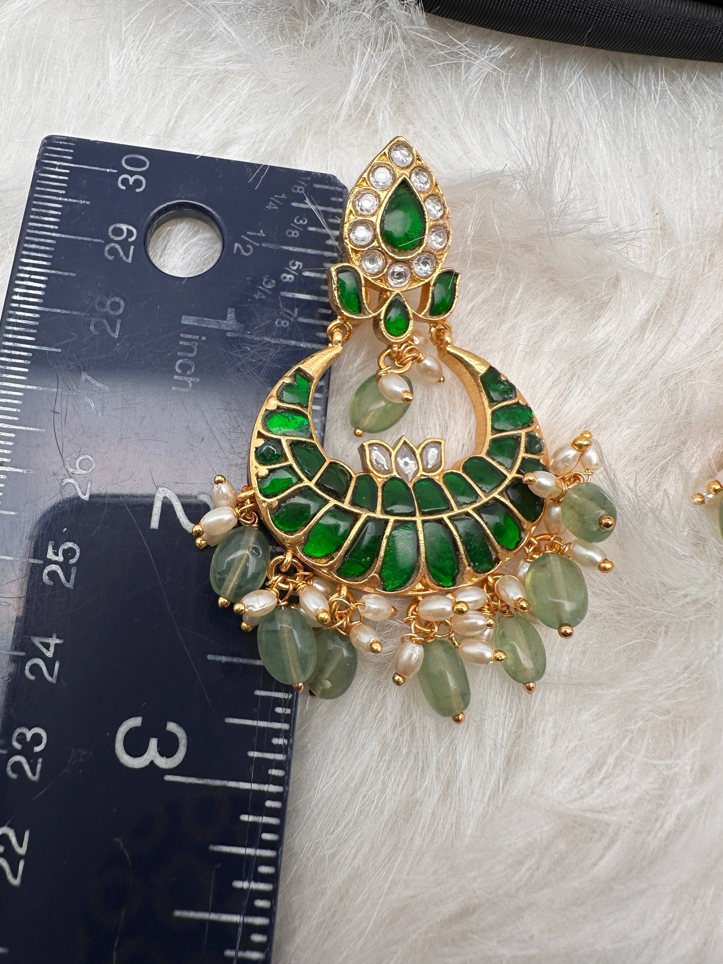 Green Jadau Kundan Chandballi Earrings