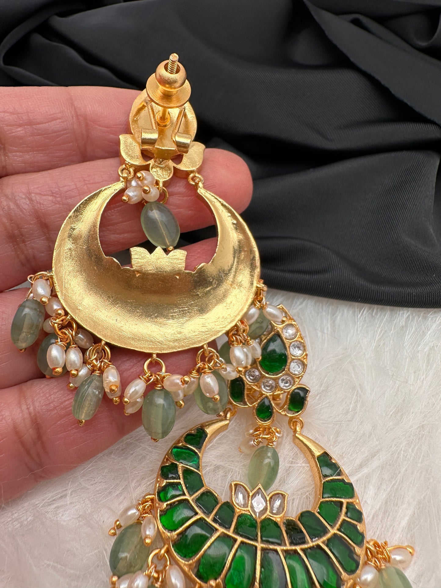 Green Jadau Kundan Chandballi Earrings