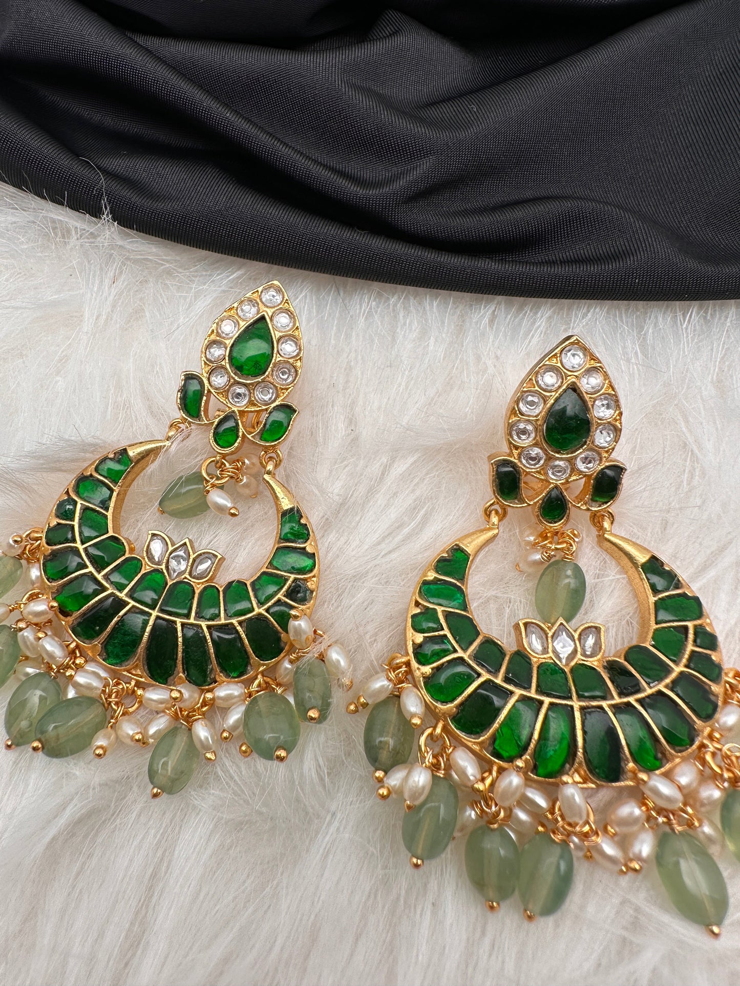 Green Jadau Kundan Chandballi Earrings