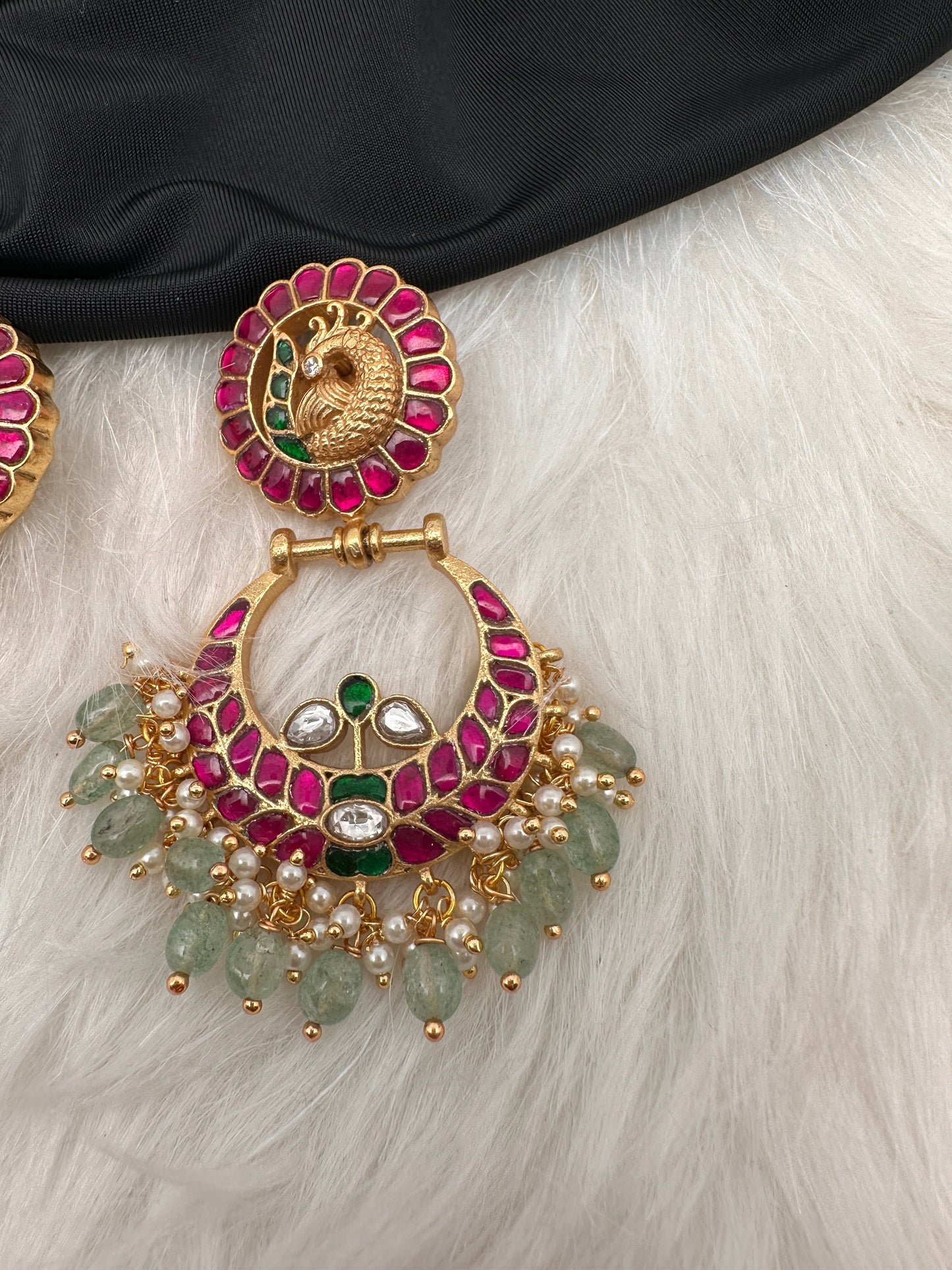 Peacock Red Green Jadau Kundan Chandballi Earrings