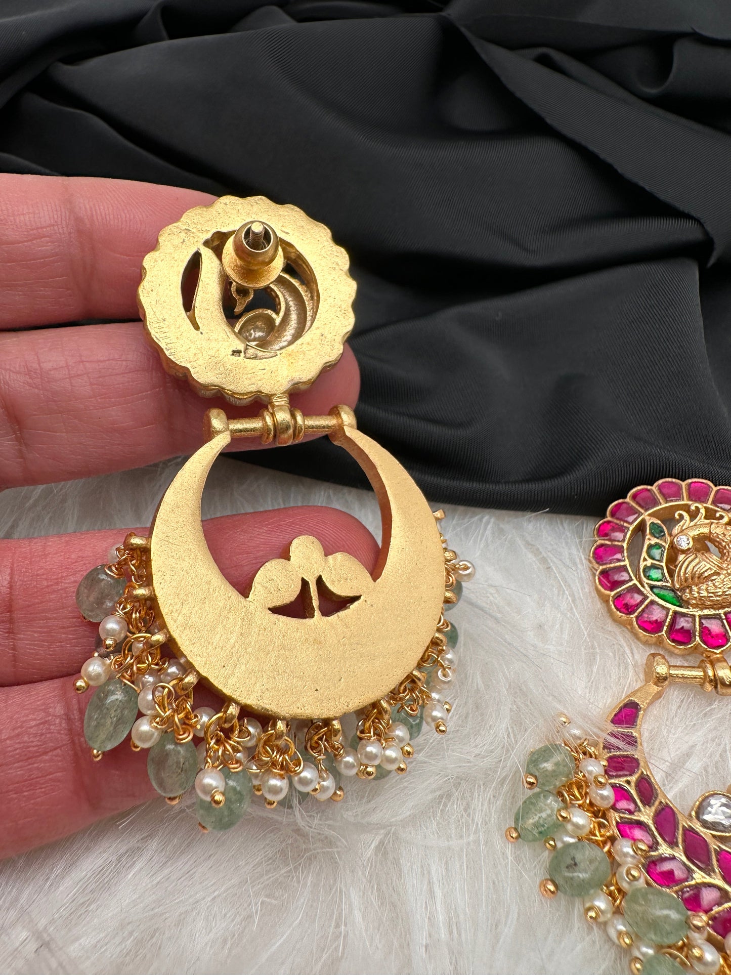 Peacock Red Green Jadau Kundan Chandballi Earrings