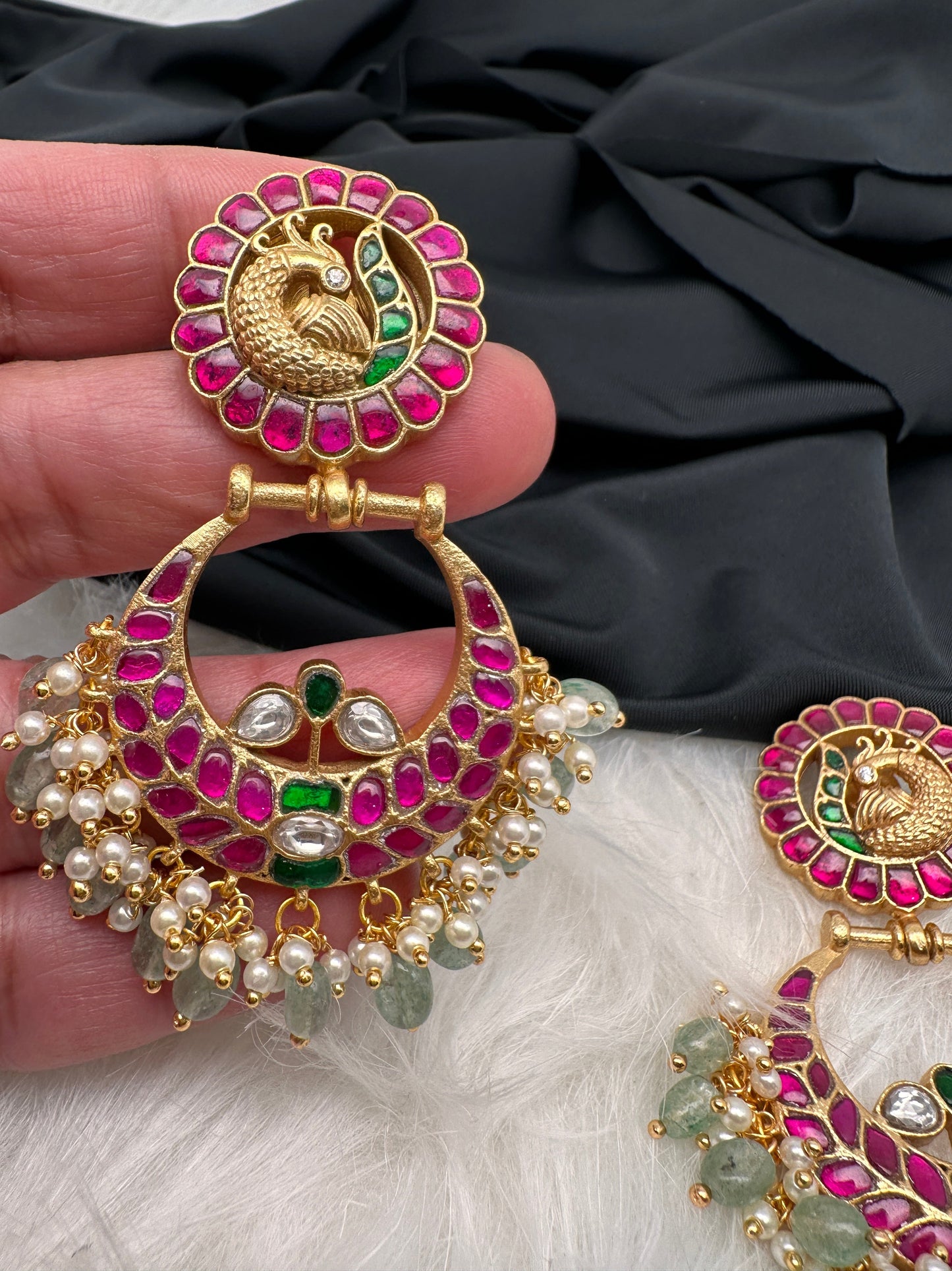 Peacock Red Green Jadau Kundan Chandballi Earrings