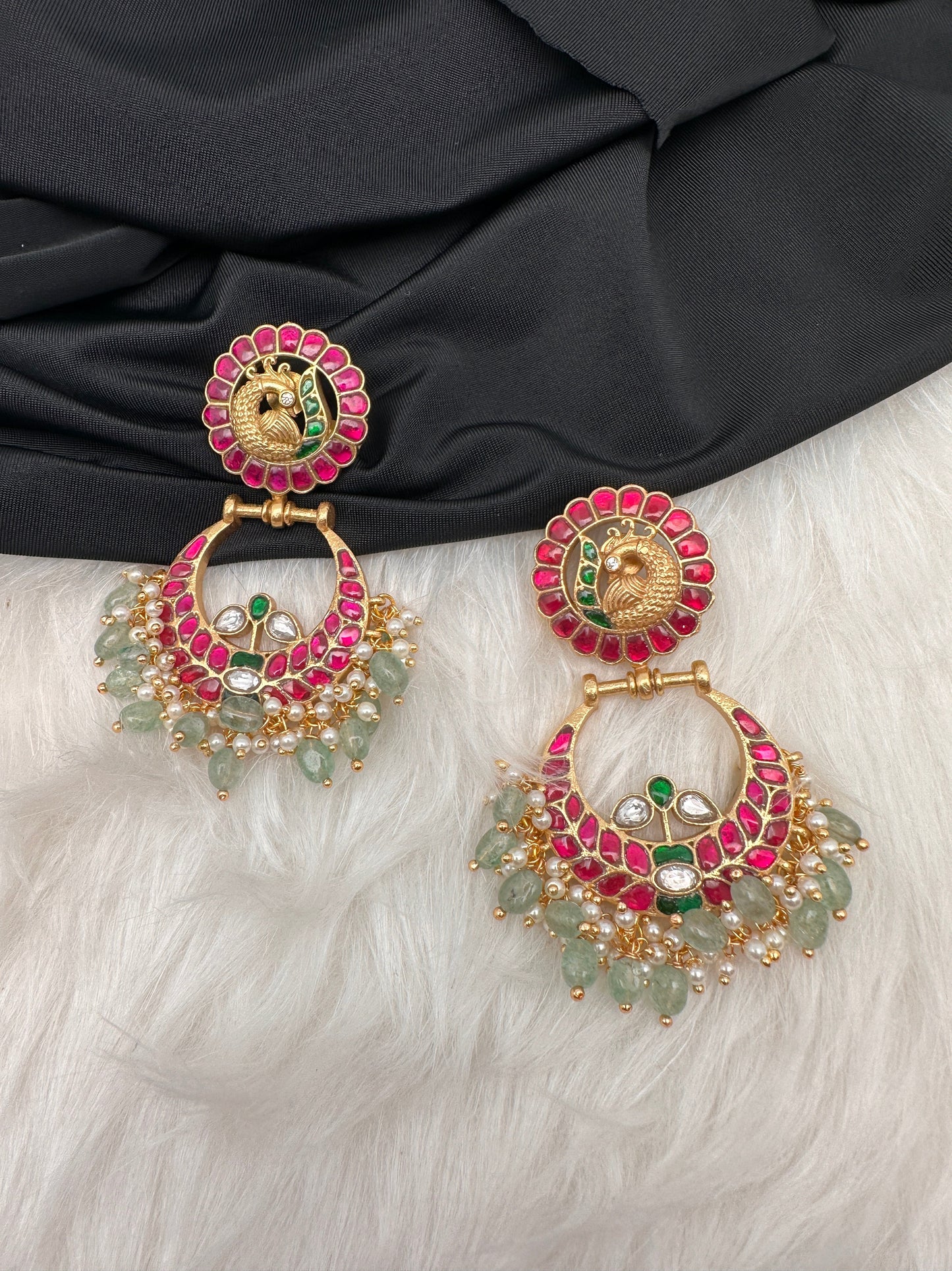 Peacock Red Green Jadau Kundan Chandballi Earrings