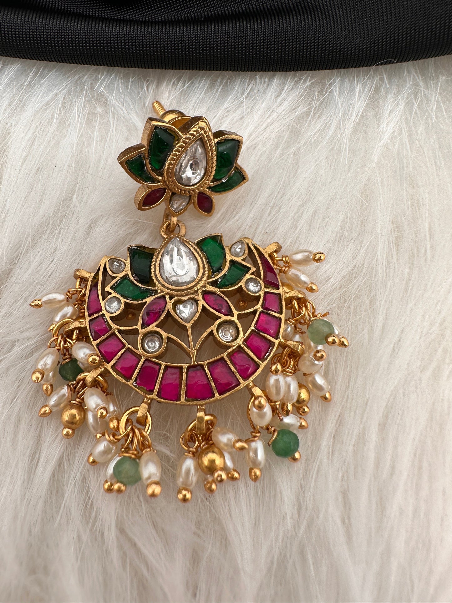 Lotus Red Green Jadau Kundan Earrings