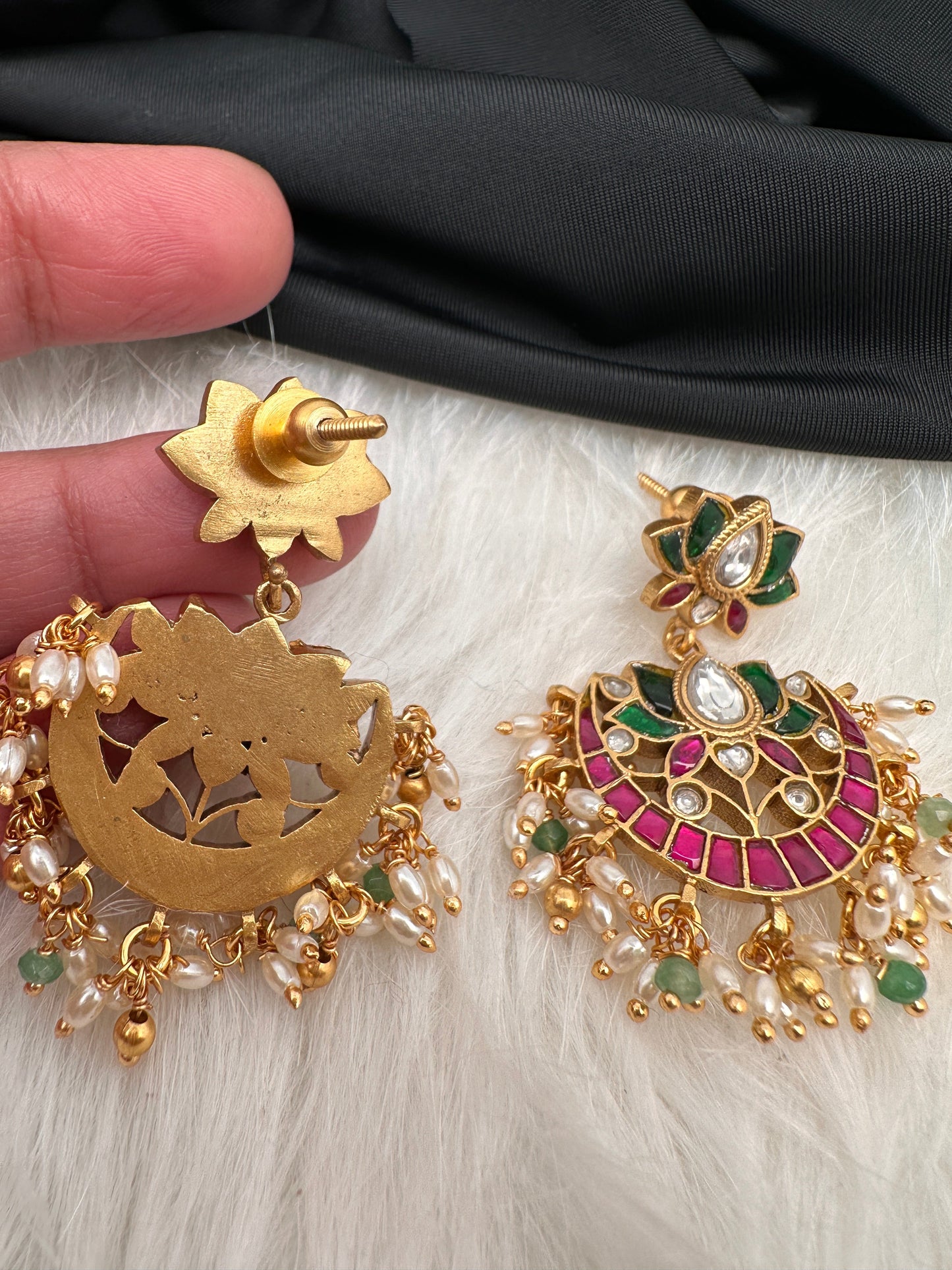 Lotus Red Green Jadau Kundan Earrings