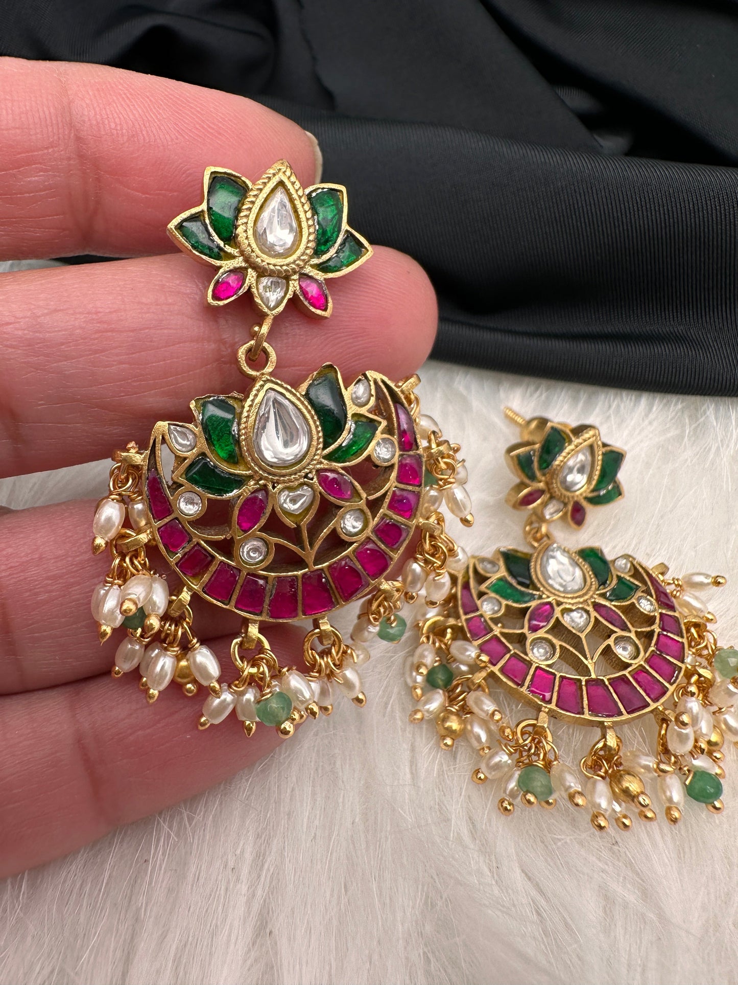 Lotus Red Green Jadau Kundan Earrings